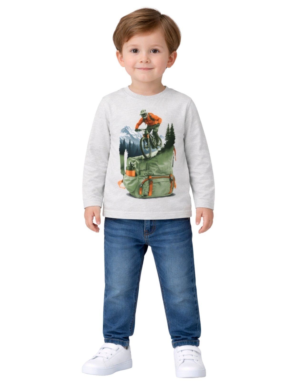 Vista 2 Infantil - Camiseta Manga Longa Kyly Aventura Bike Mescla White bege white Kyly bege white