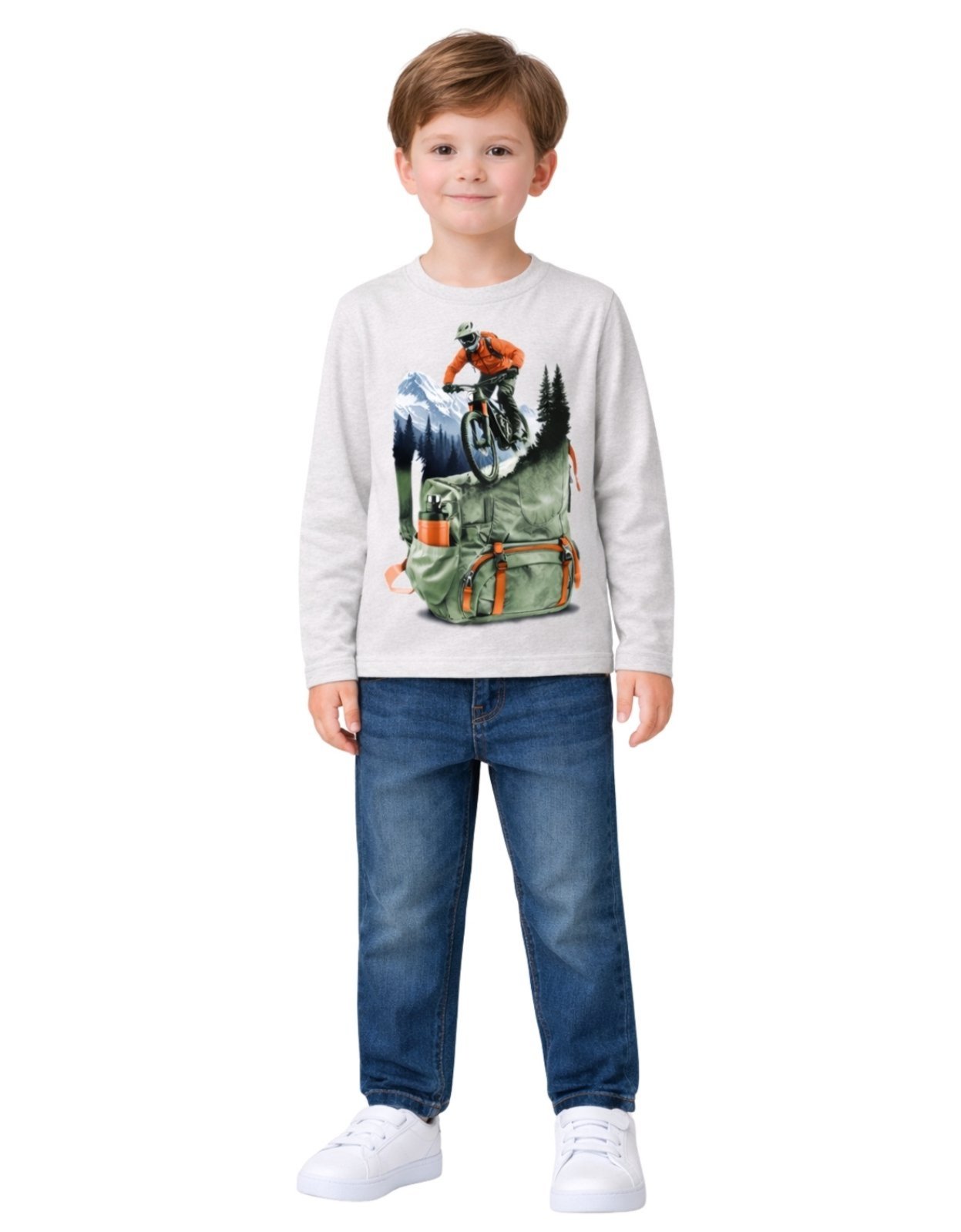 Vista 3 Infantil - Camiseta Manga Longa Kyly Aventura Bike Mescla White bege white Kyly bege white