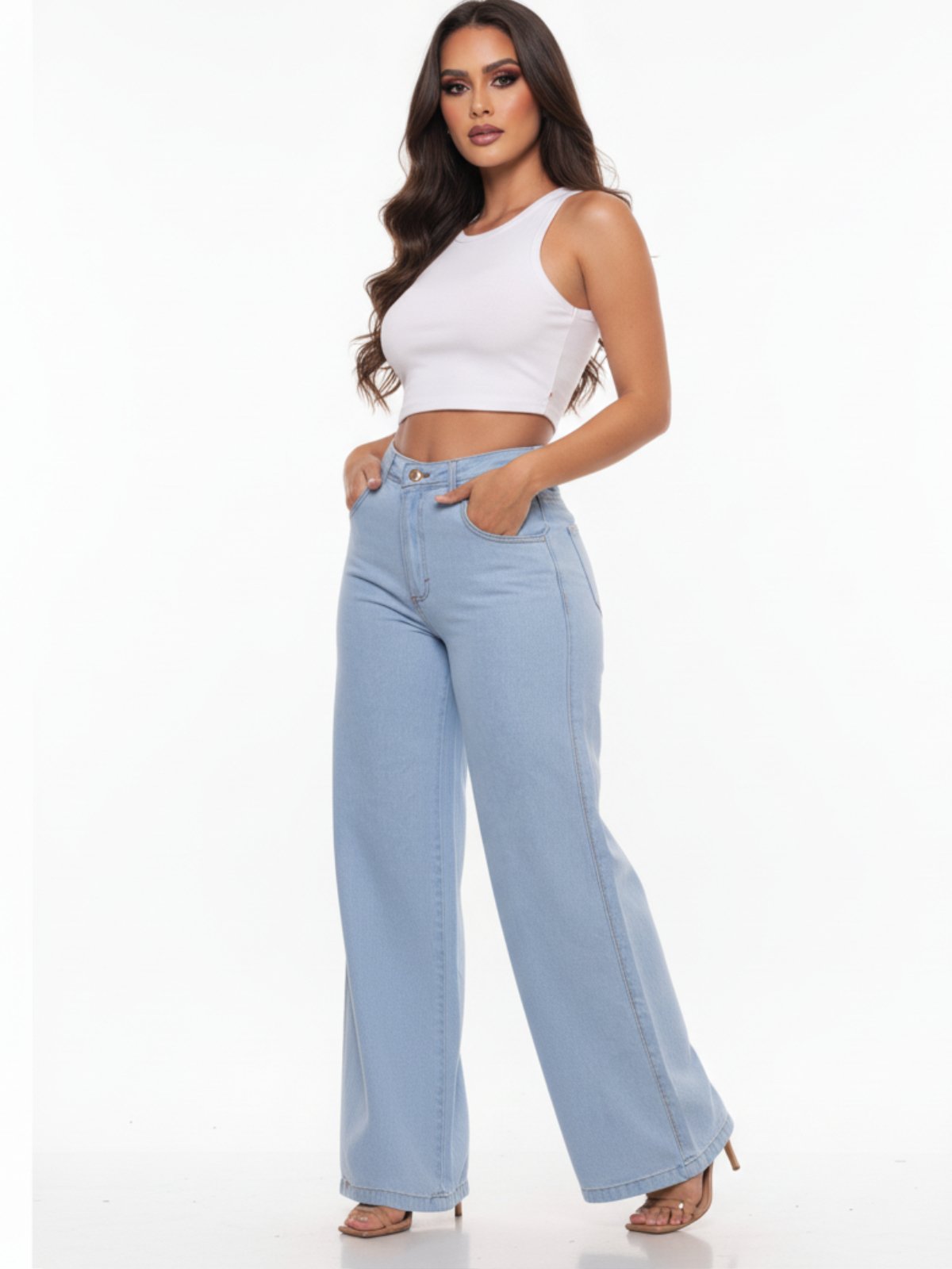 Calça Widleg Feminina Jeans Alpha Street Wear Estilo Gringa Fashion e Confortavel Azul Delave