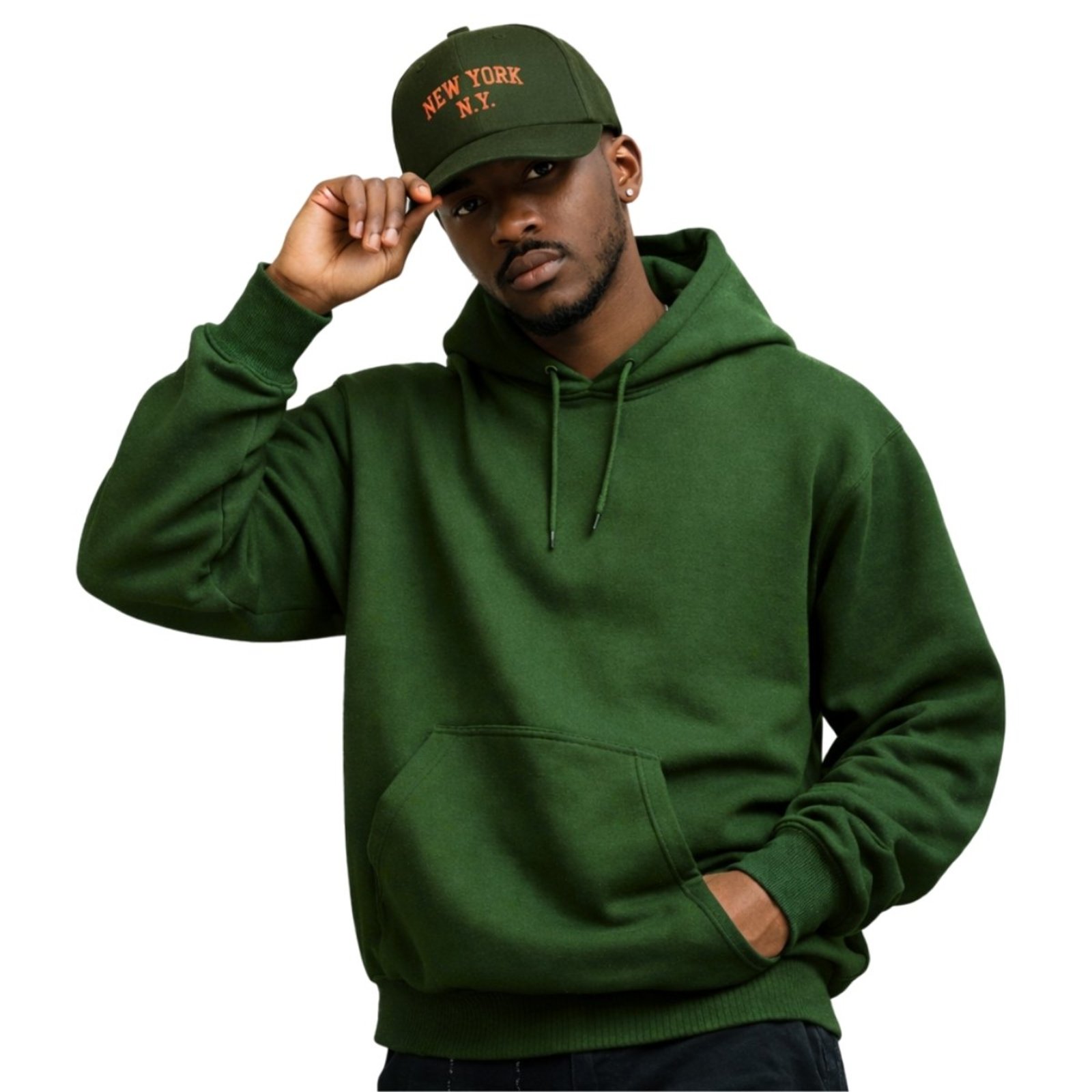 Kit Moletom Modelo Canguru Com Capuz Liso + Boné Aba Curva Masculino Bordado New York