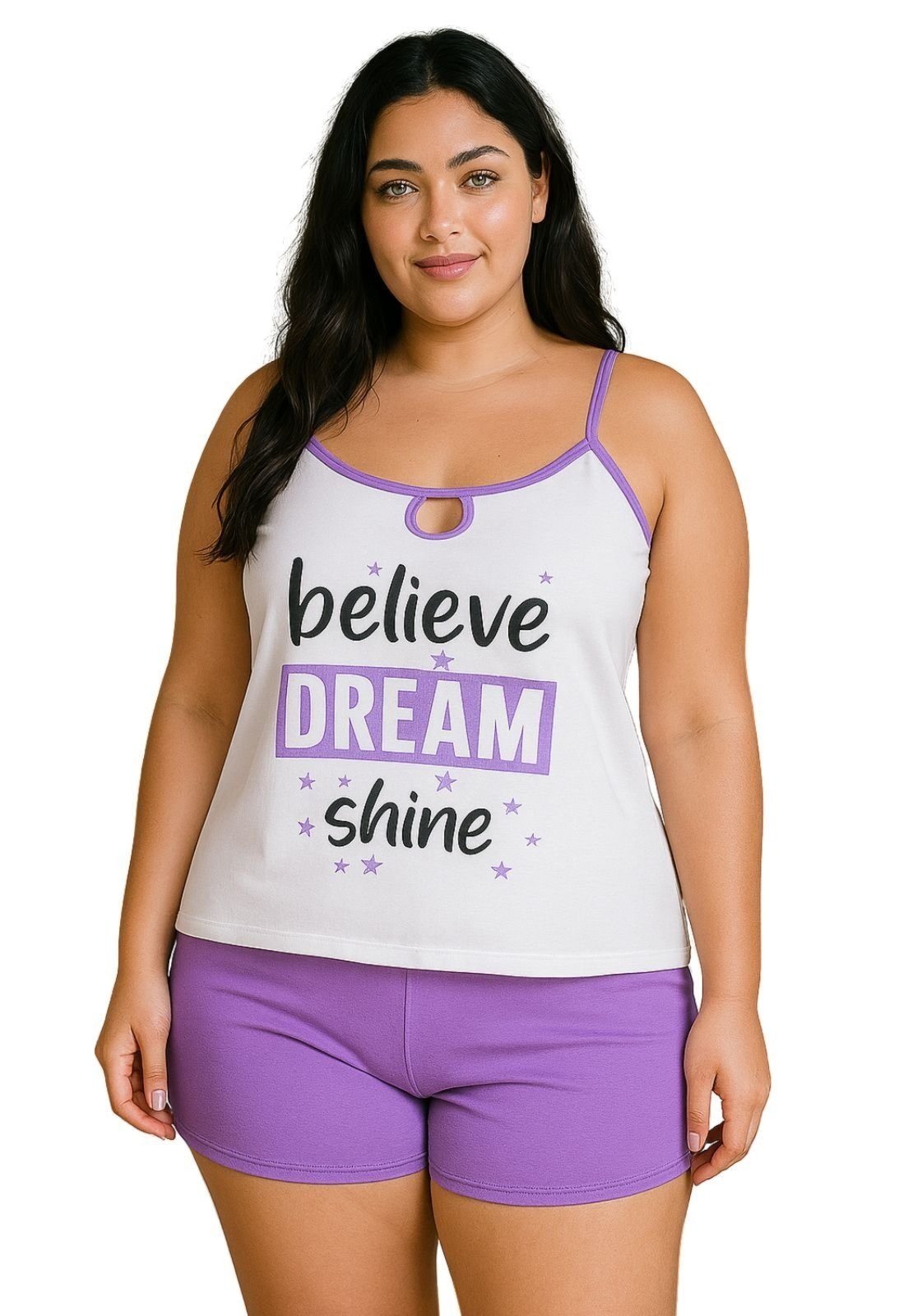 Pijama Plus Size Verão Short Curto Blusa de Alça Pijama de Calor Suzi 50 52 54 56 Lilás