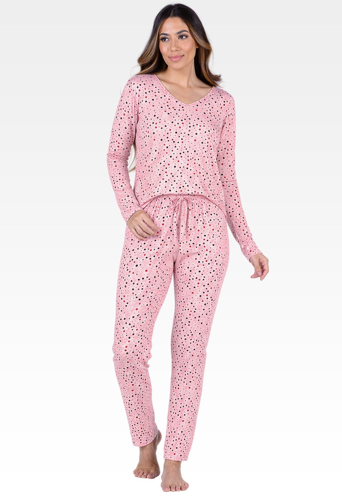 Pijama Feminino Summer Soul Calça e Blusa Longo Estampado Poá Rosa