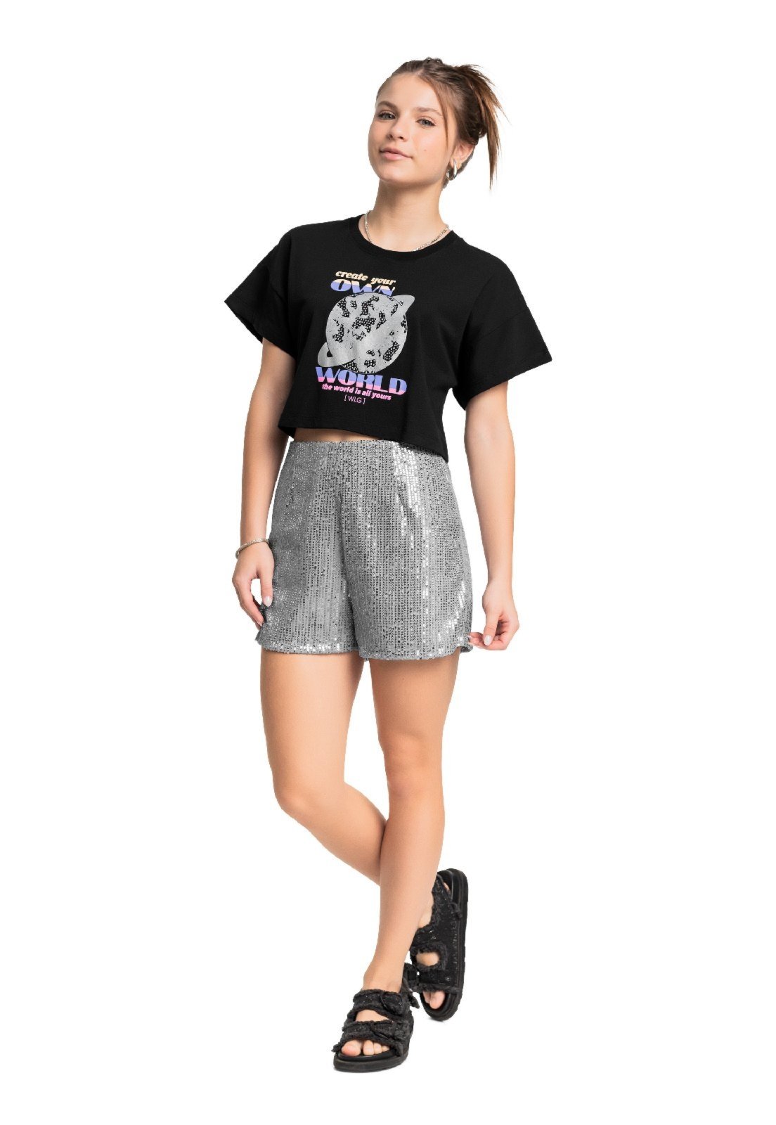 Infantil - Blusa em Algodão Juvenil Manga Curta Gloss Preto