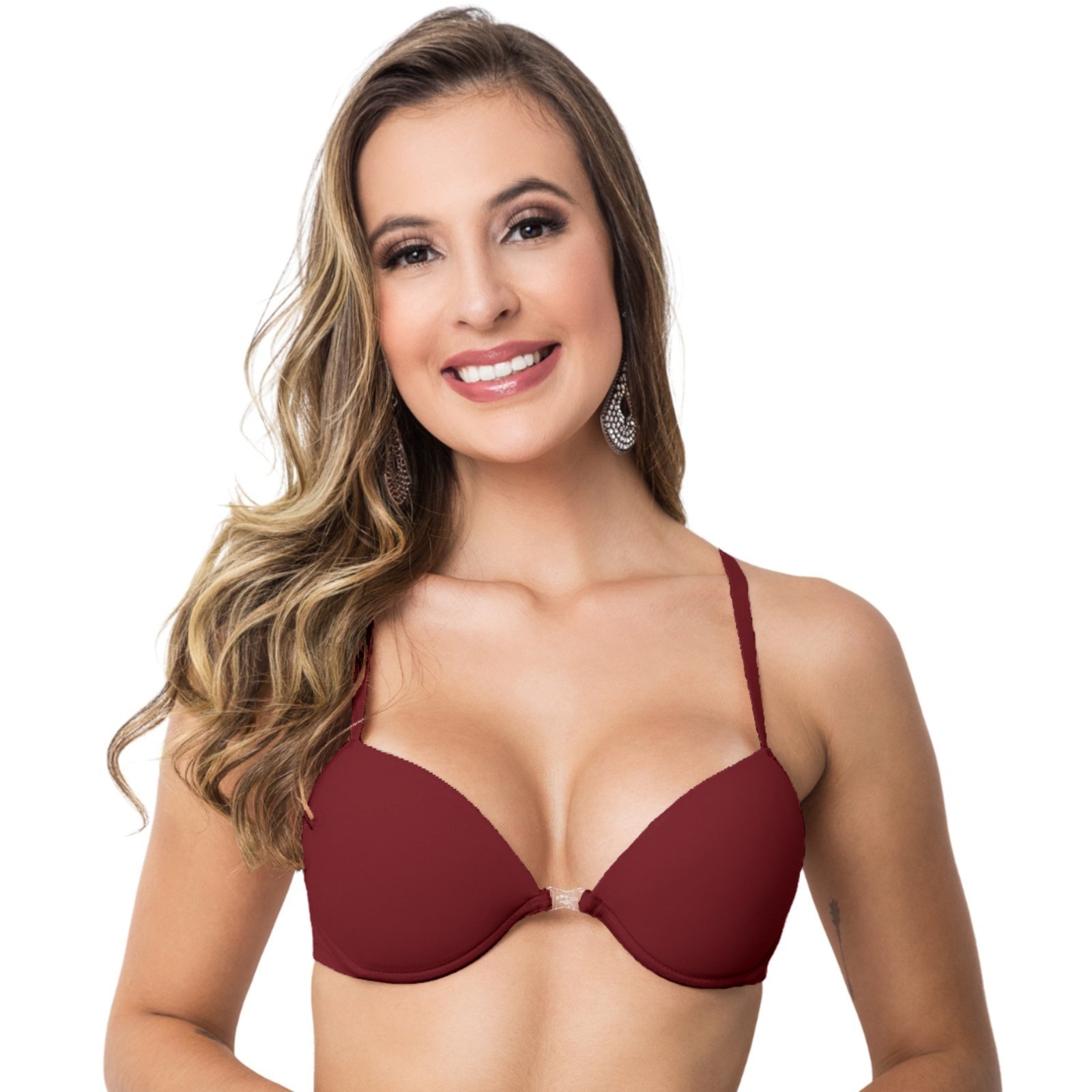 Sutiã Nadador Gabi Lingerie Com Bojo Microfibra Alças Reguláveis Fecho Frontal Reforçado Soutien Confortavel Bordô