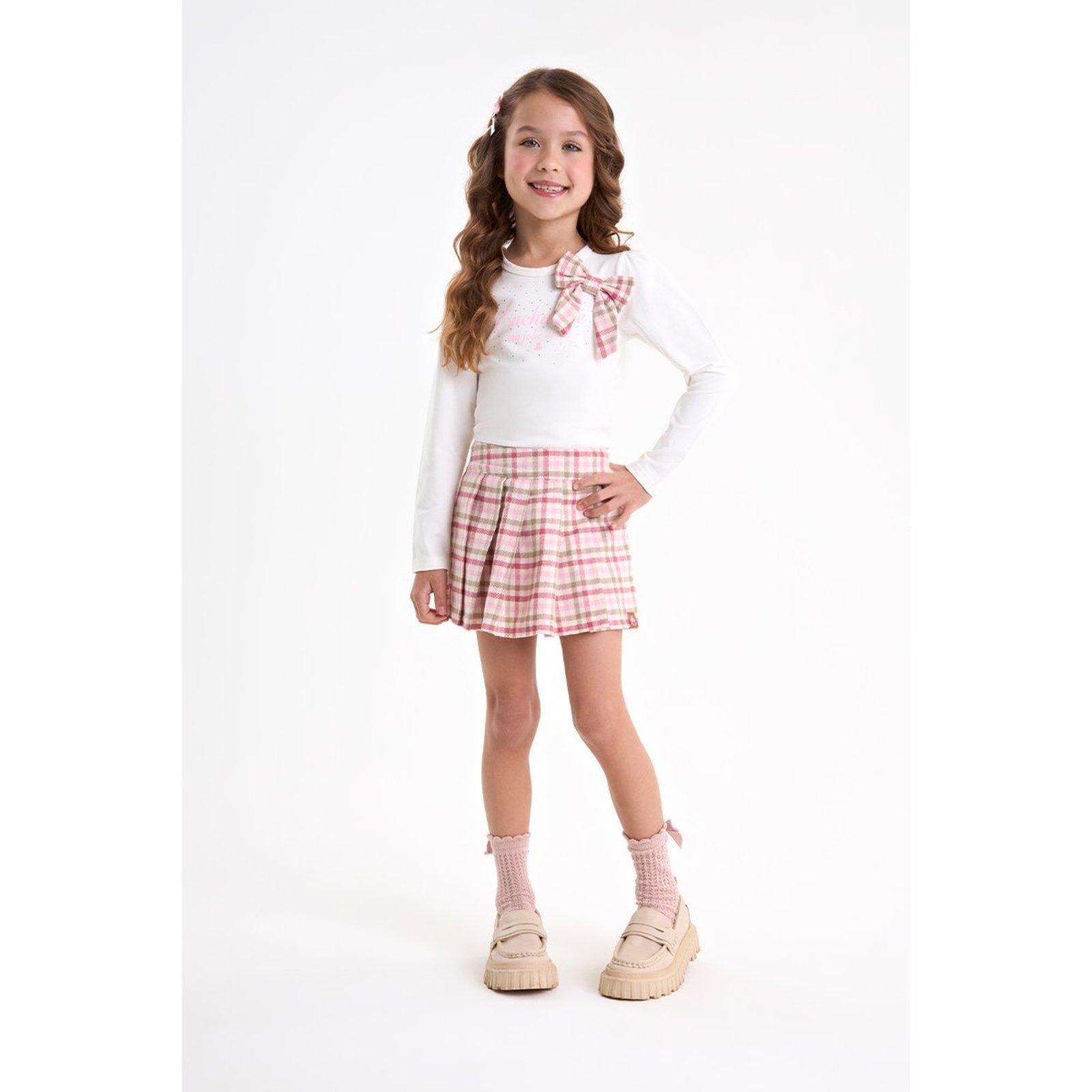 Infantil - Conjunto Feminino Blusa e Short Saia Xadrez