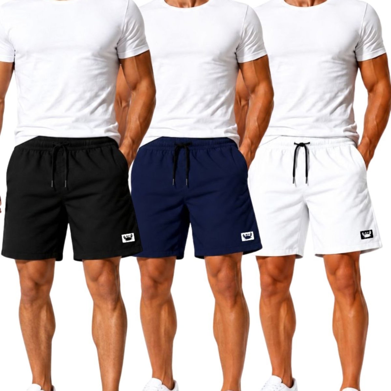 Kit 3 Short Masculino Tactel Leve Moda Praia e Piscina Bermuda Treino Academia Corrida Preto Azul Marinho e Branco