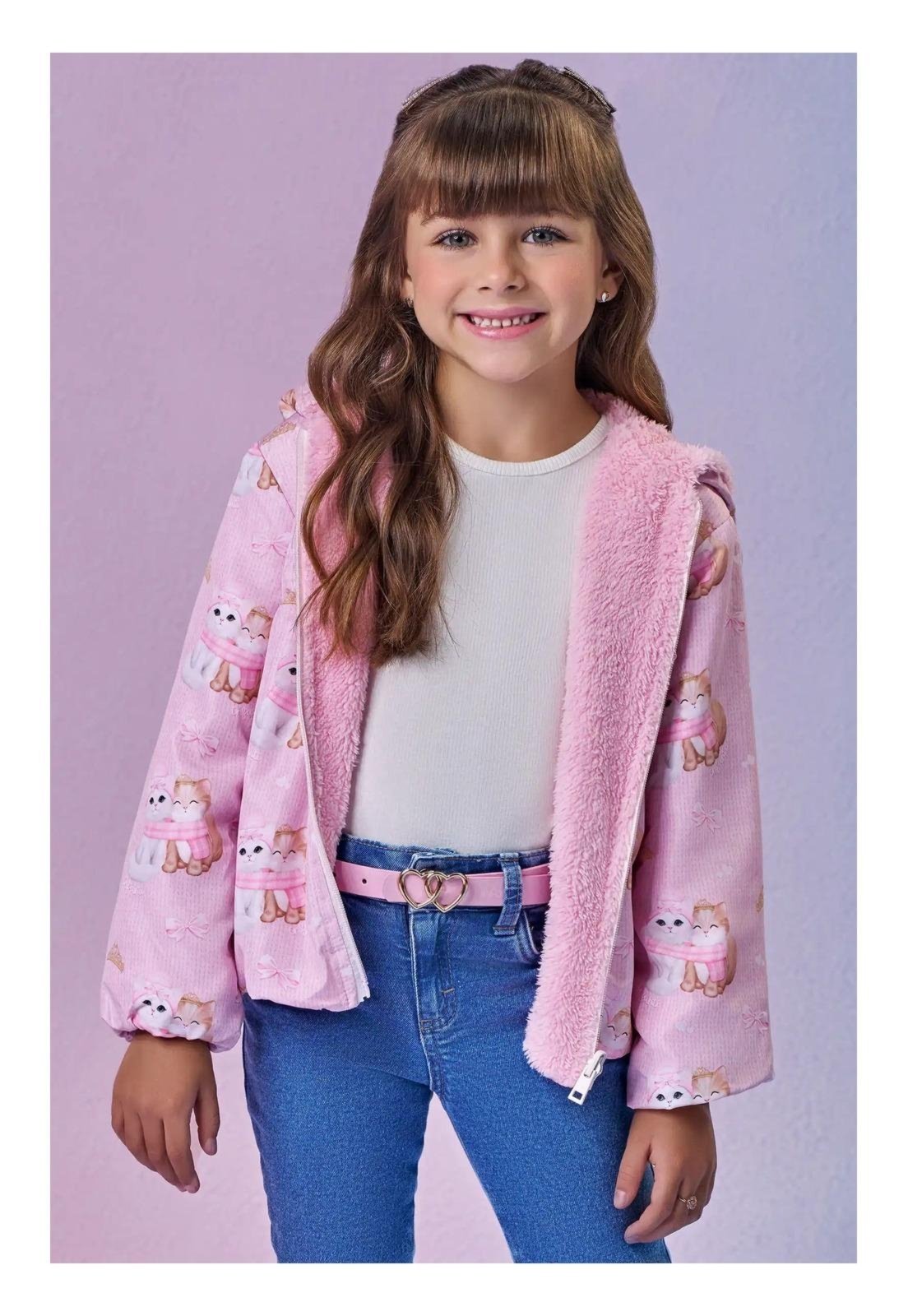 Infantil - Jaqueta Dupla Face Rosa com Gatinhos Infanti 2 Unico