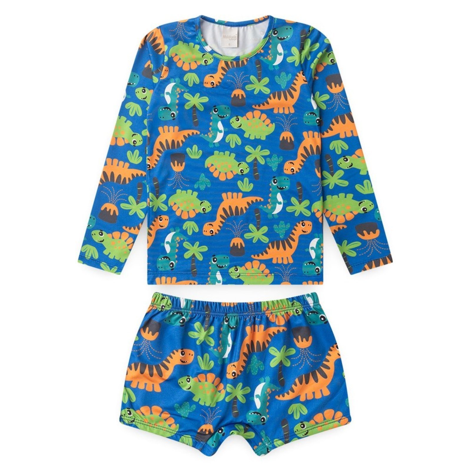 Conjunto Praia Menino Azul Royal Camiseta Manga Longa e Sunga Safari Tropical