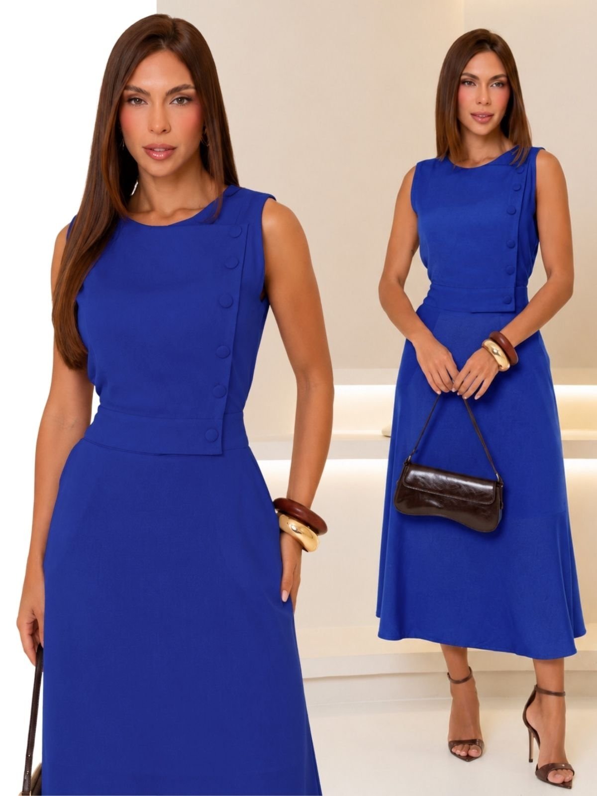 Vestido Feminino Longo Alfaiataria Divina Gata Botões e Bolso - Vermelho