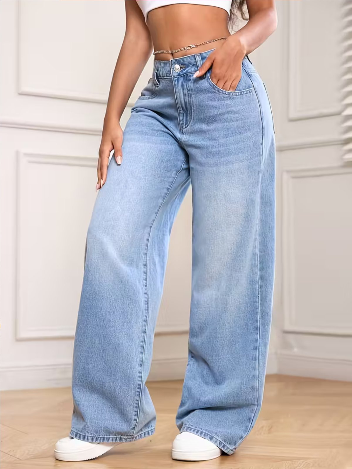 Calça Wide Leg Feminina Kovali Fashion Store Confortavel e Básica Tecido Premium Azul Clara