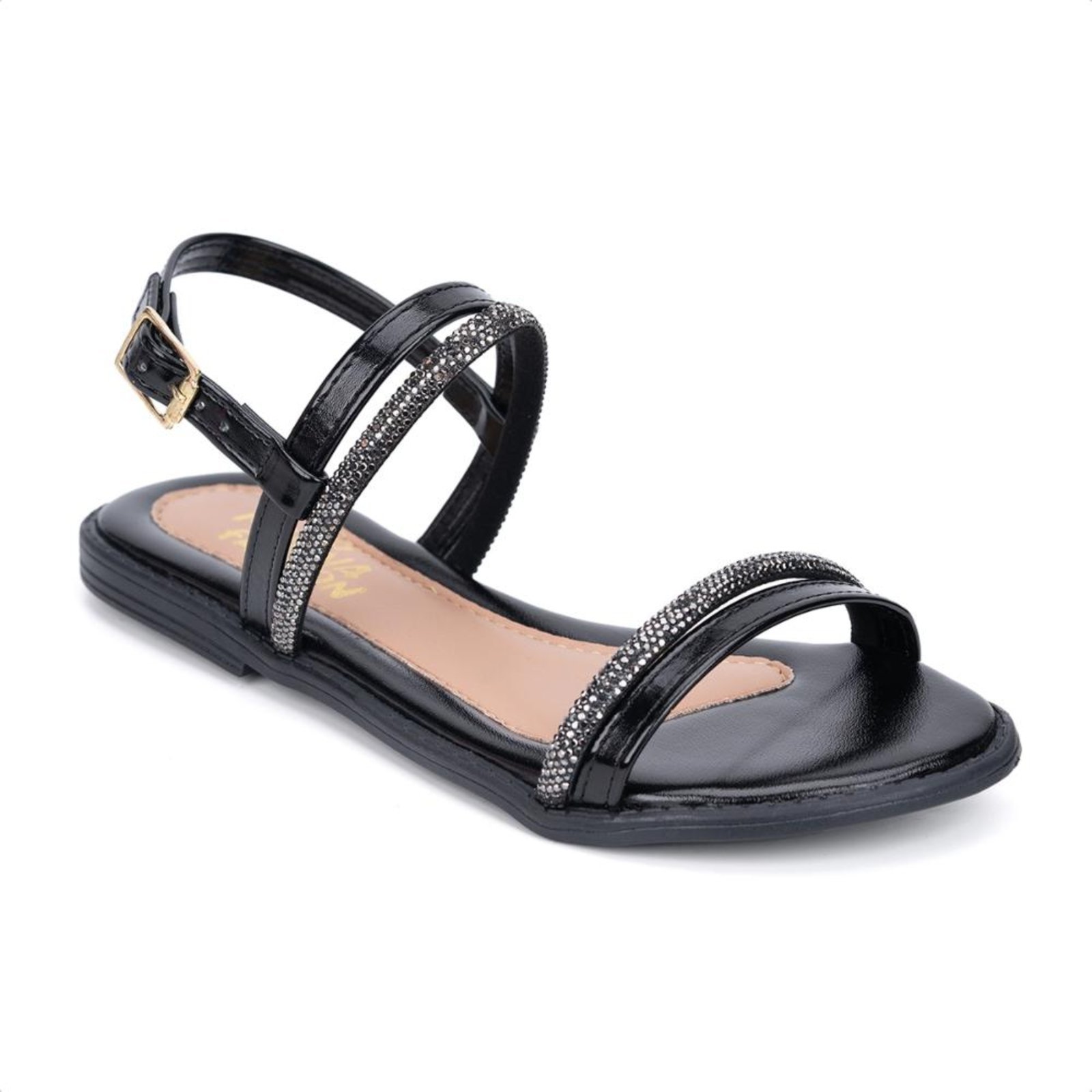Vista 2 Infantil - Rasteirinha Fashion Tiras Duplas De Strass Preta Menina Fashion preto Menina Fashion preto