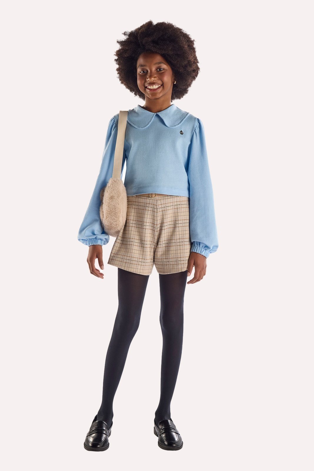 Infantil - Conjunto Blusa Azul e Shorts Xadrez Amêndoa