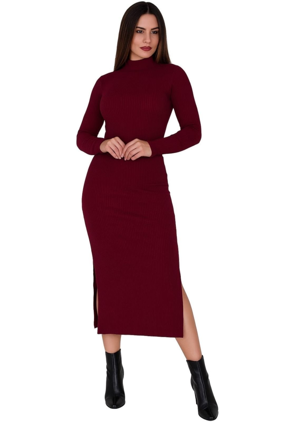Vestido Manga Longa Gola Alta Inverno Terra e Mar Midi Vinho