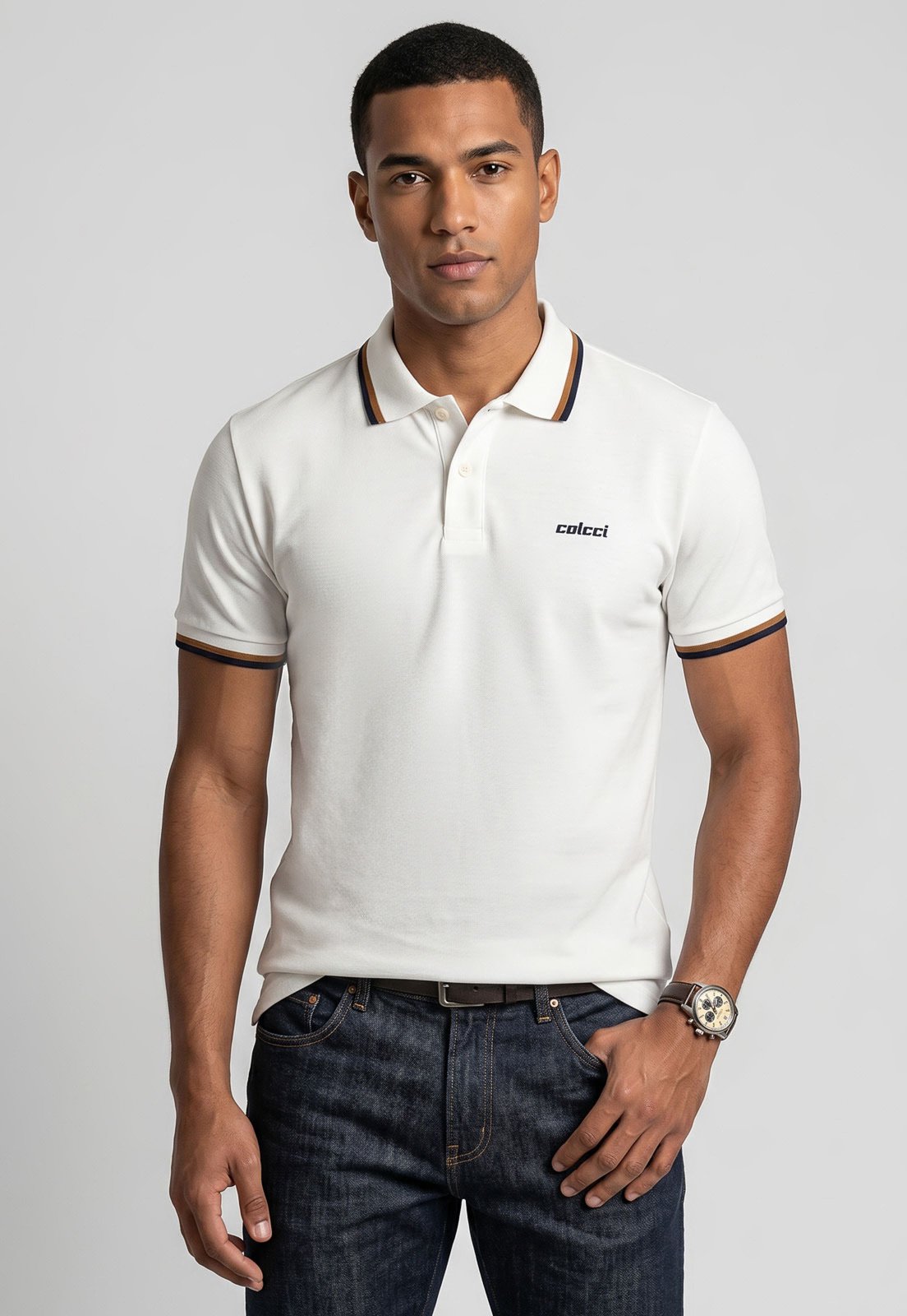 Polo Masculina Colcci Gola Listrada Branca