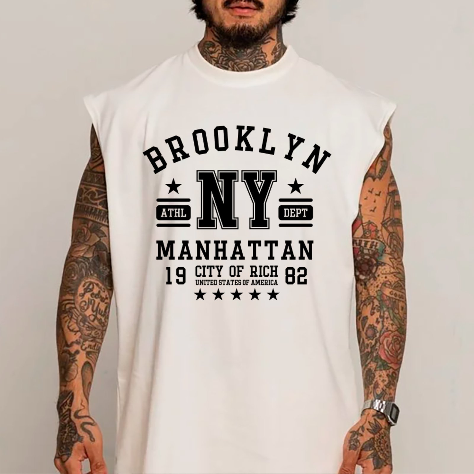 Camiseta Regata Machão Ousy Brooklyn NY Manhattan Oversized Masculina Branco
