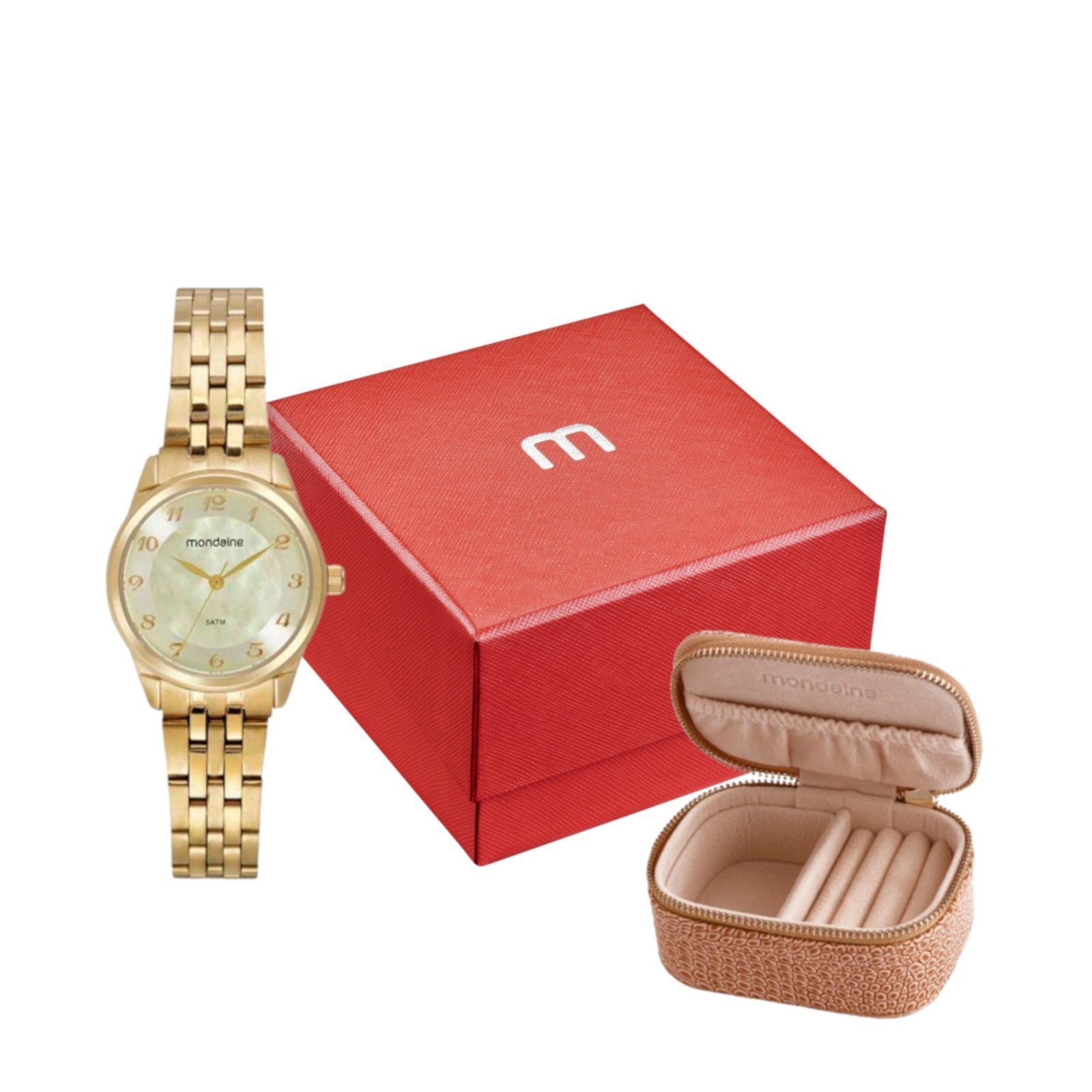 Kit Relógio Feminino Madrepérola Dourado Com Porta-Joias Mondaine