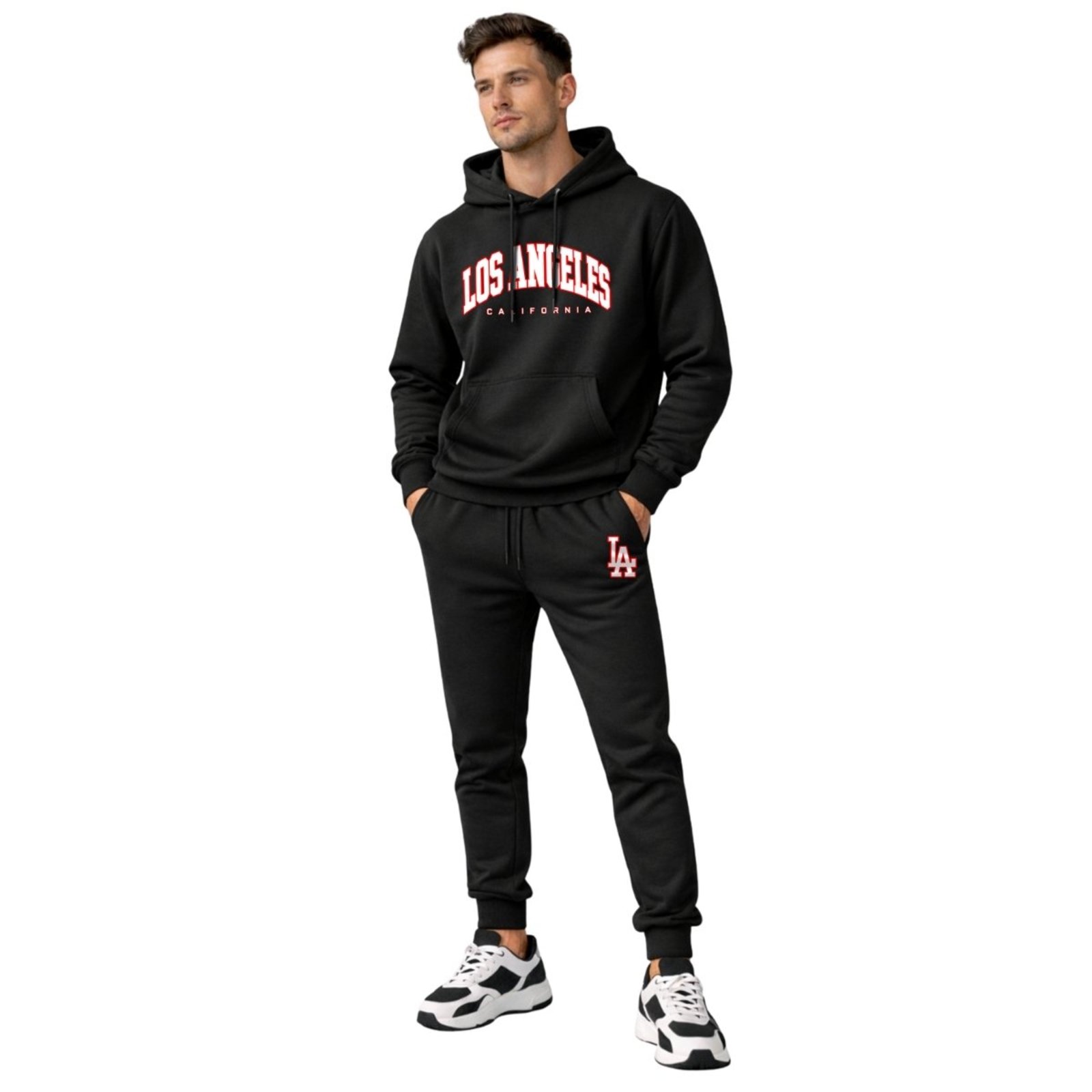 Conjunto de Inverno Casaco Moletom Masculino + Calça Jogger Ideal para Dias Frios Los Angeles Preto