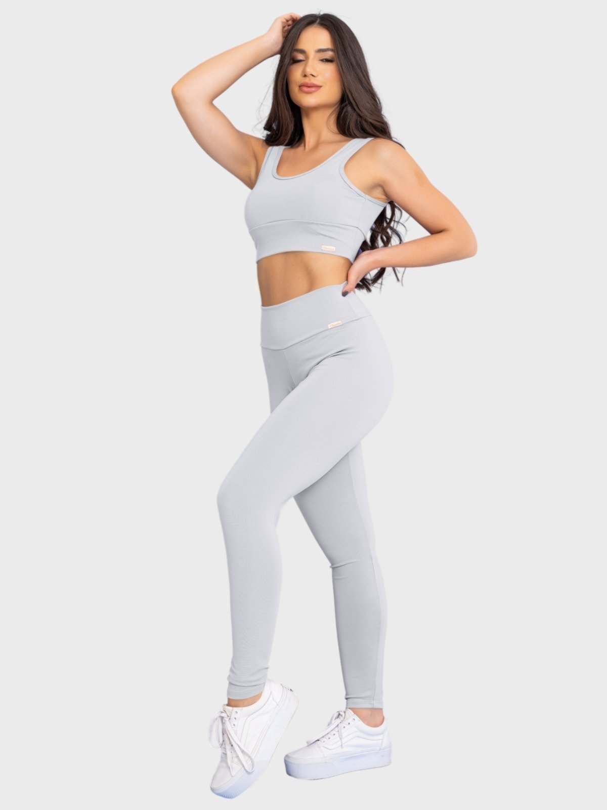 Conjunto Fitness Tarelles Top Calça Legging Liso Cintura Alta Branco Gelo