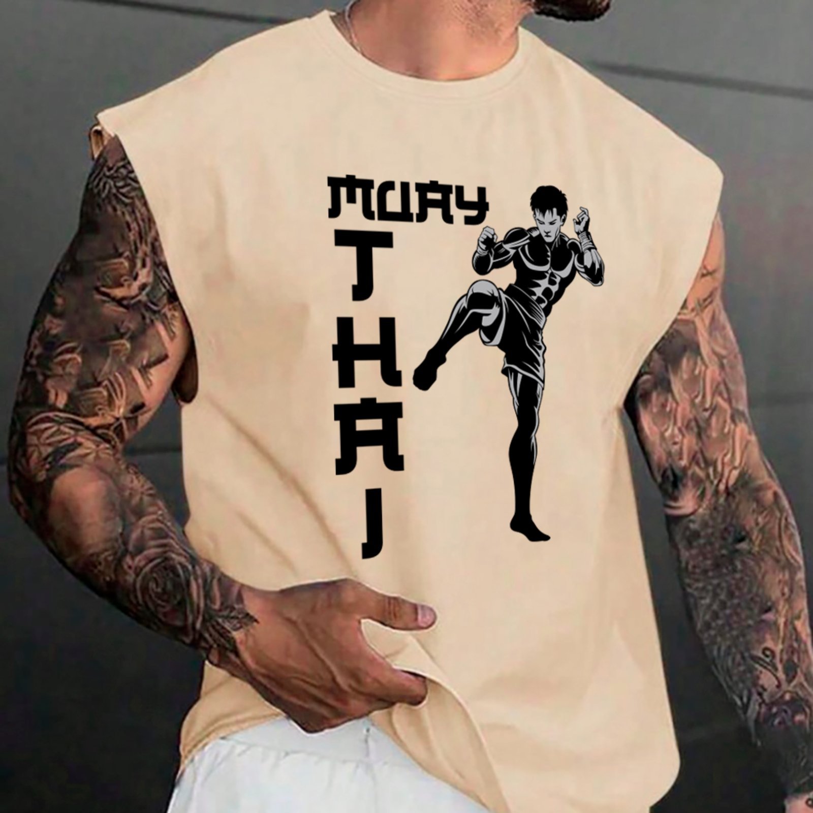 Camiseta Regata Machão Ousy Muay Thai Minimalista Oversized Masculina Off White