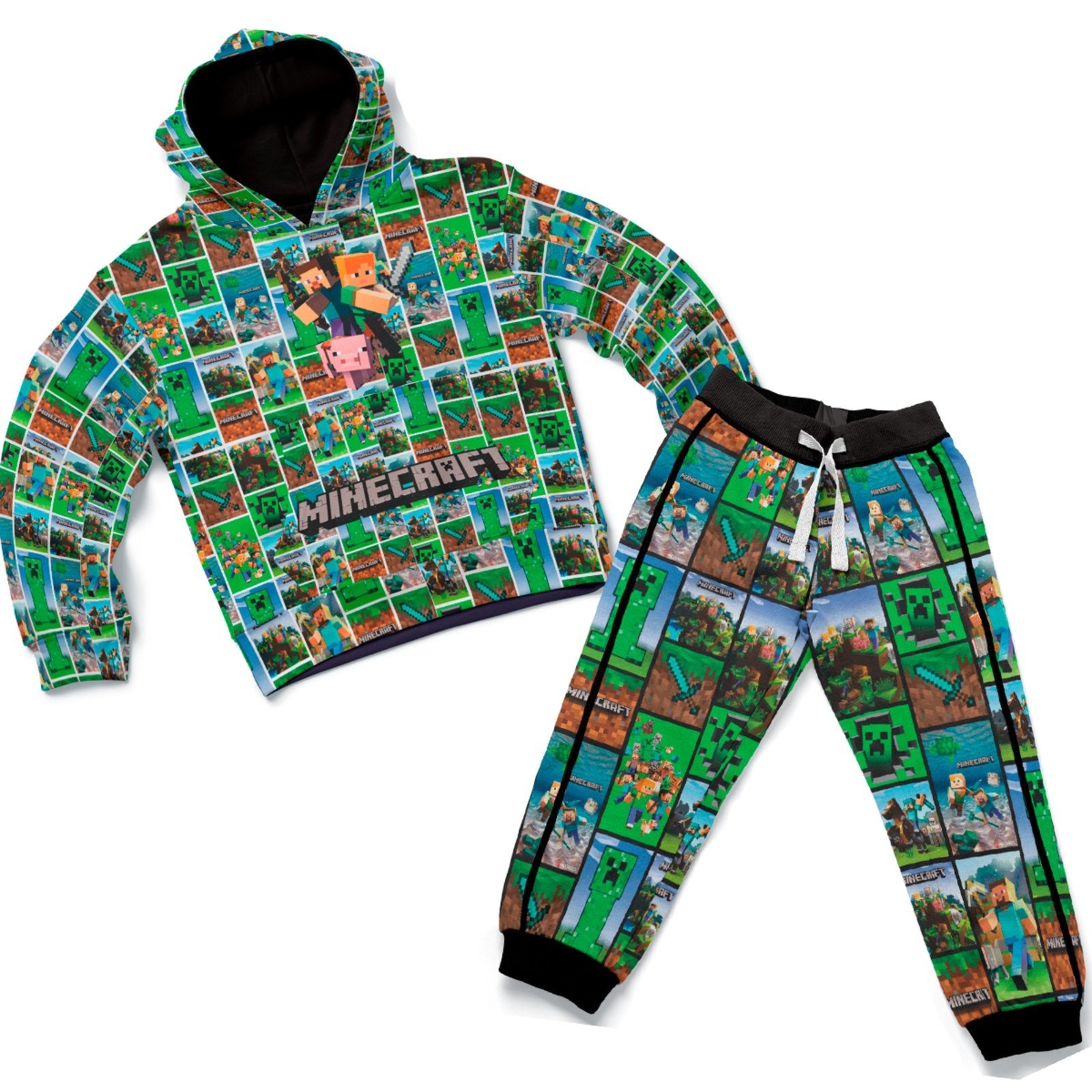 Infantil – KIT Conjunto Moleton Blusa Canguru e Calça Escolar Fantasia Personagens Cubos Verde Escuro