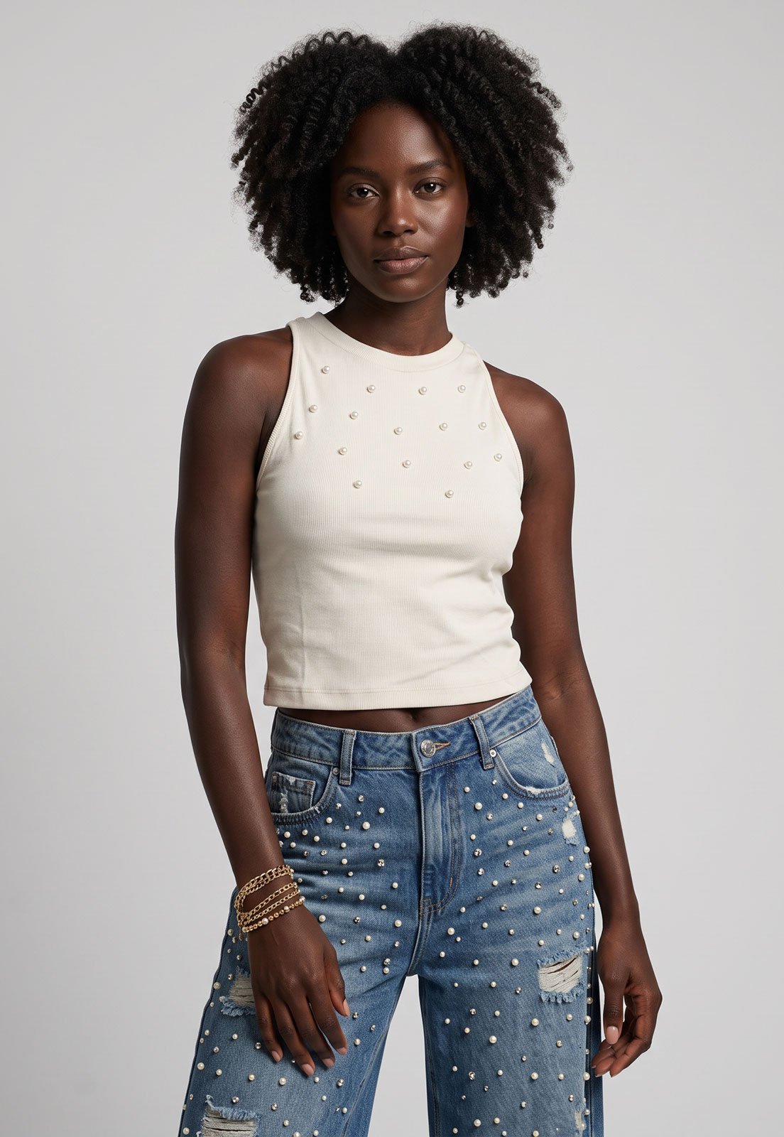 Blusa Feminina Lez a Lez Cropped Pérolas Branca
