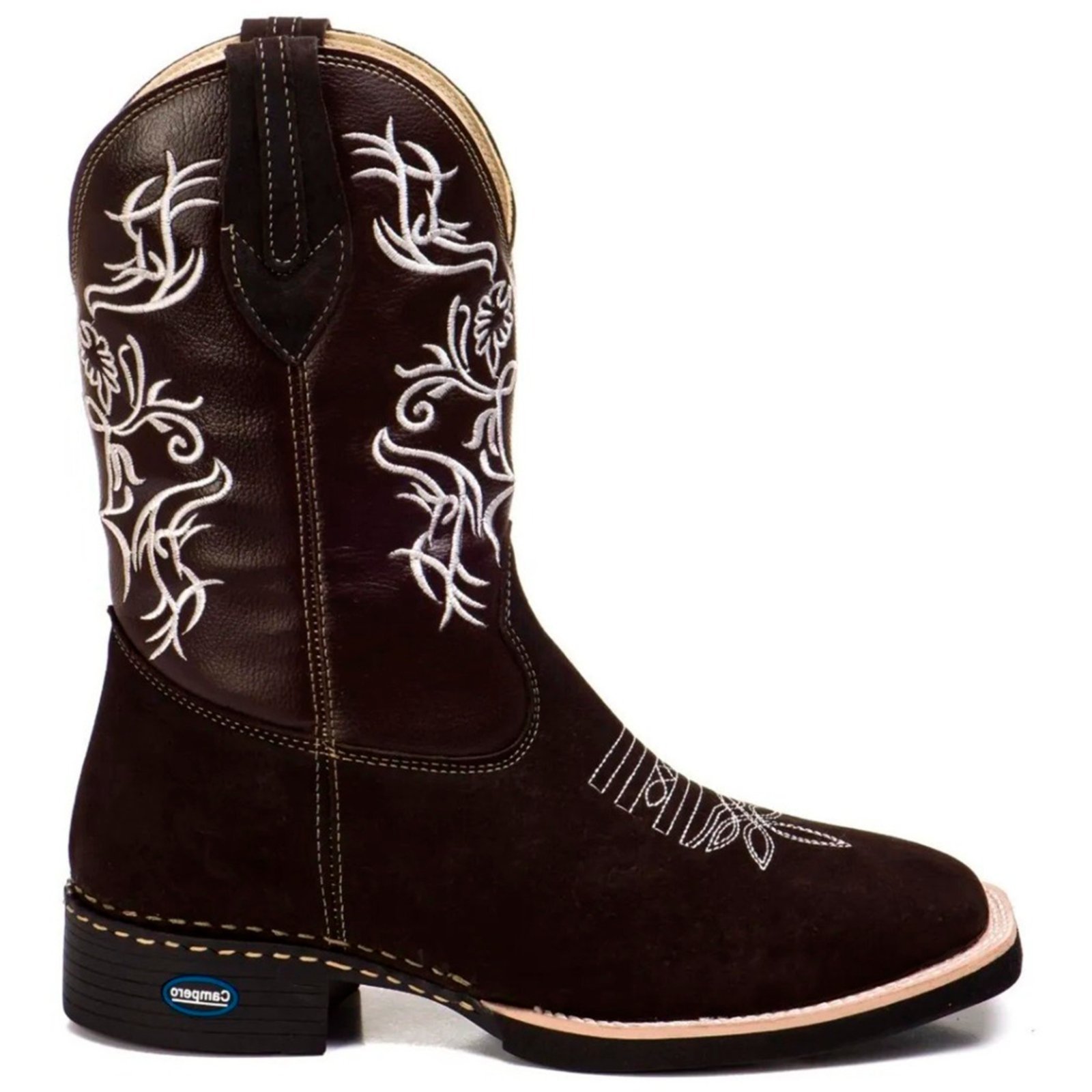 Bota Texana Couro Campero Country Bordada Marrom