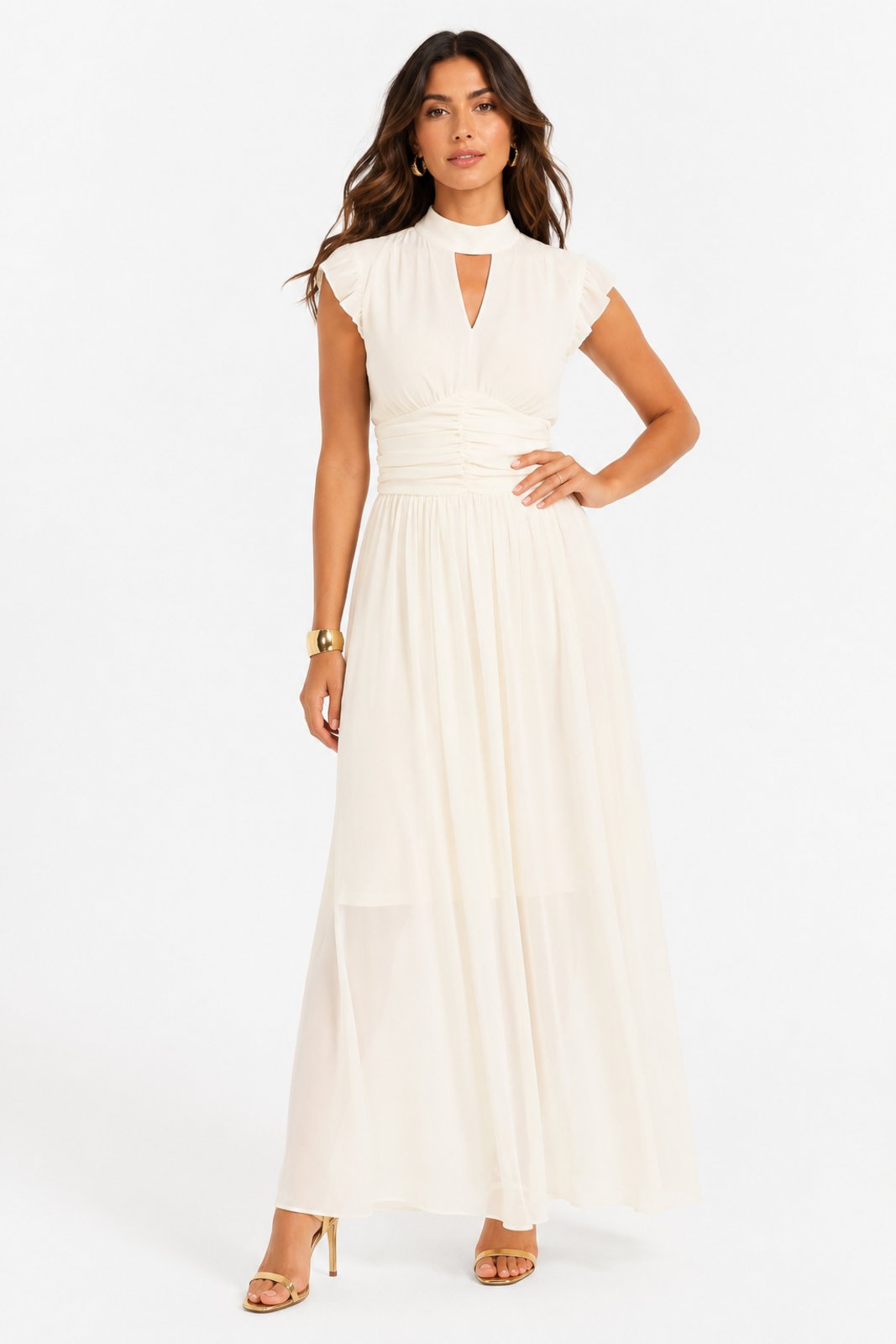 Vestido Longo D Bell Outlet Fashion Chiffon Off-White