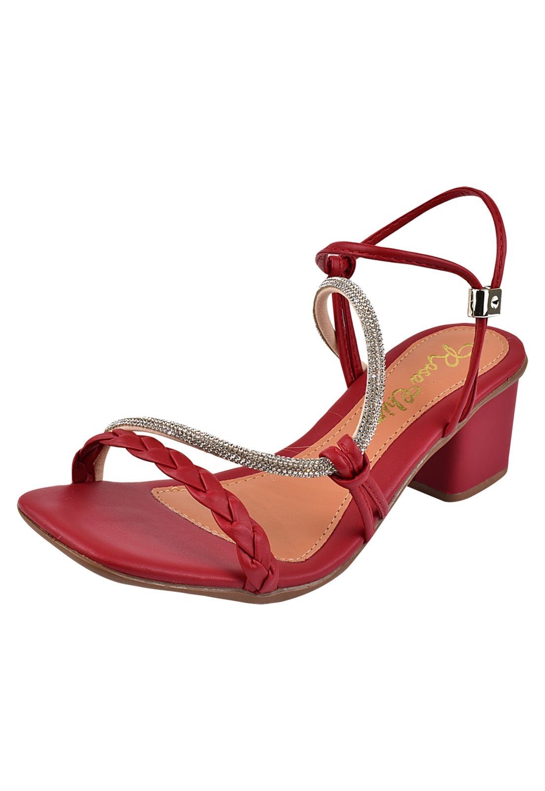 Sandália Salto Grosso Rosa Chic Calçados Feminino Salto Baixo Bloco Trança Brilho Strass Bico Quadrado Vermelho