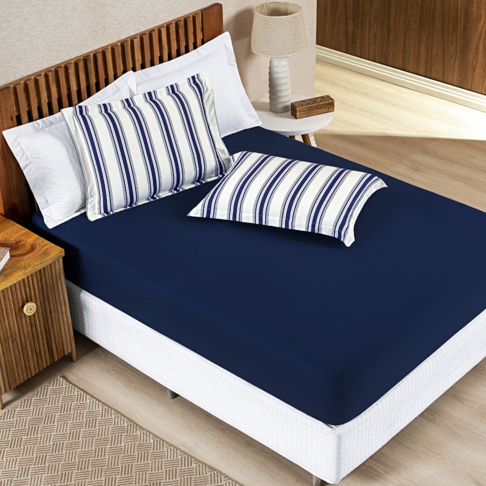 Jogo Cama Lençol Casa Scarpa Daily King Malha Algodão Listrado 3 Peças - Azul Marinho
