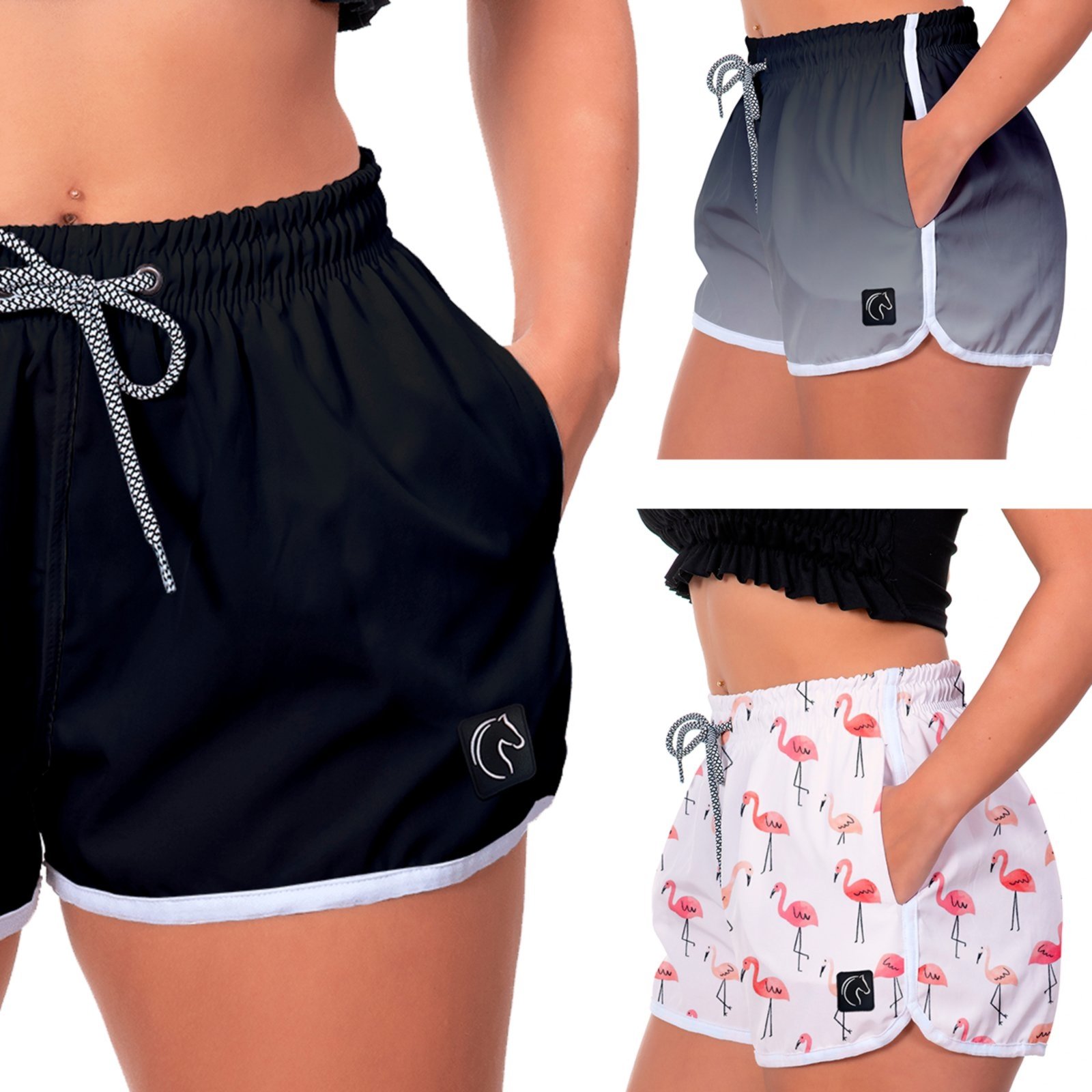 Kit 3 Shorts Feminino Premium Secagem Rápida com Elástico Cordão Ajustável e Bolsos Moda Praia Casual ou Treino Academia Preto, Degradê Preto e Flamingos