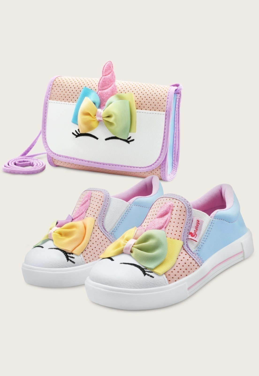 Infantil – Kit Tênis Iate Unicórnio Com Bolsinha Menina MzKid Laço Rosa/Azul/Lilás Multicolorido