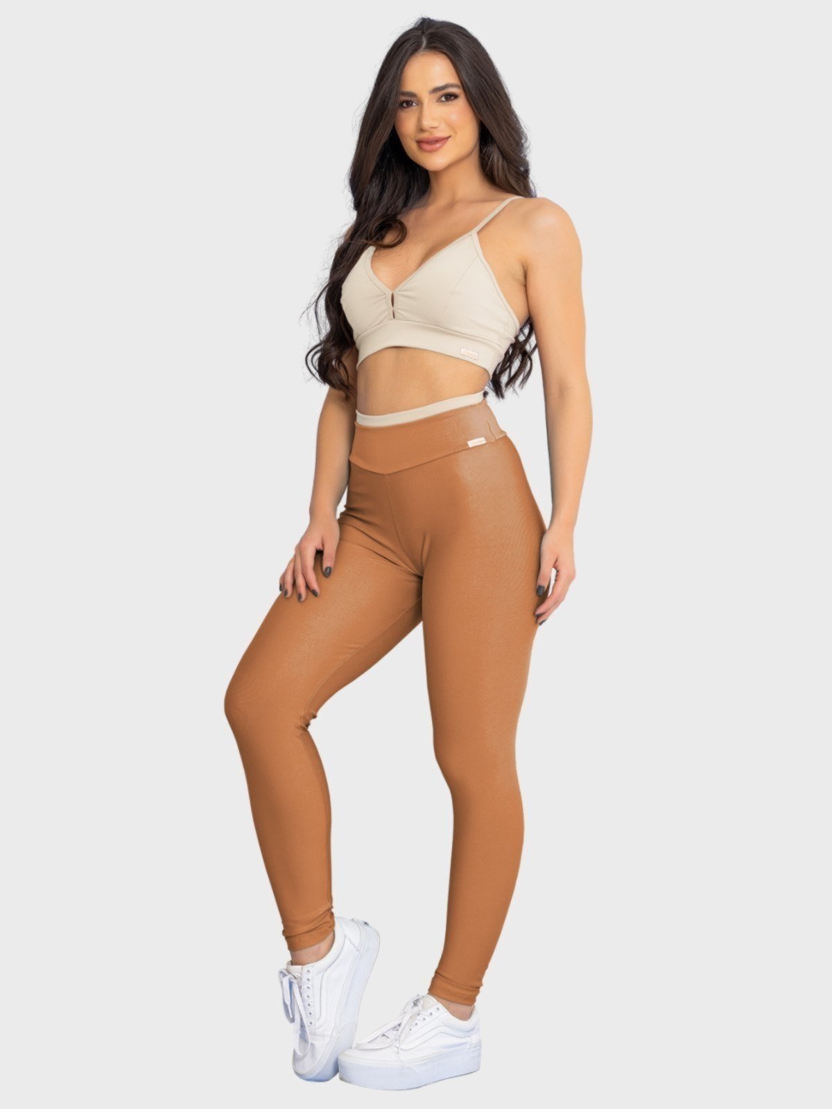 Conjunto Fitness Tarelles Top Calça Legging Glow Off White e Caramelo