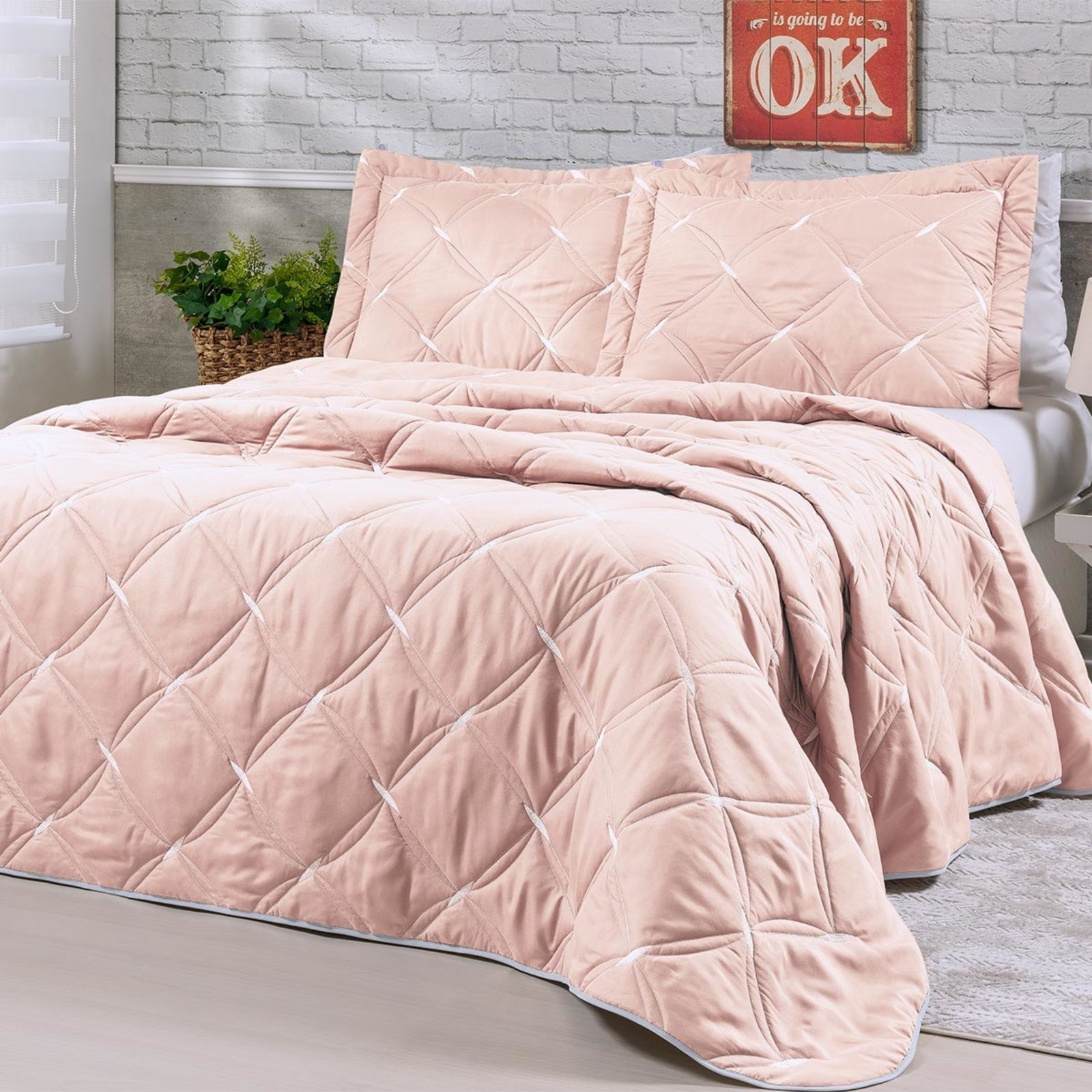 Cobre Leito Queen Unique 200 Fios Bordado 3 Peças – Rose