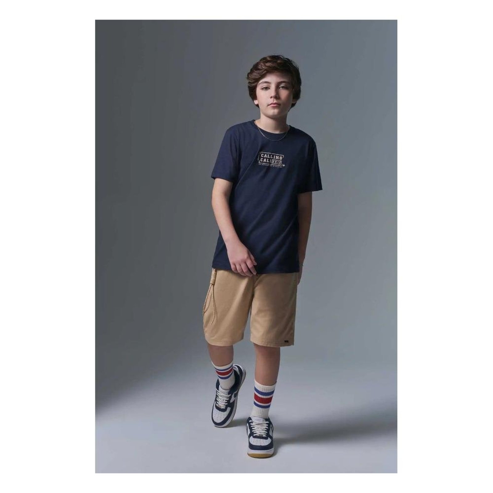 Infantil - Conjunto Camiseta Manga Curta Bermuda Sarja Johnny Fox Azul Bege 10 Azul