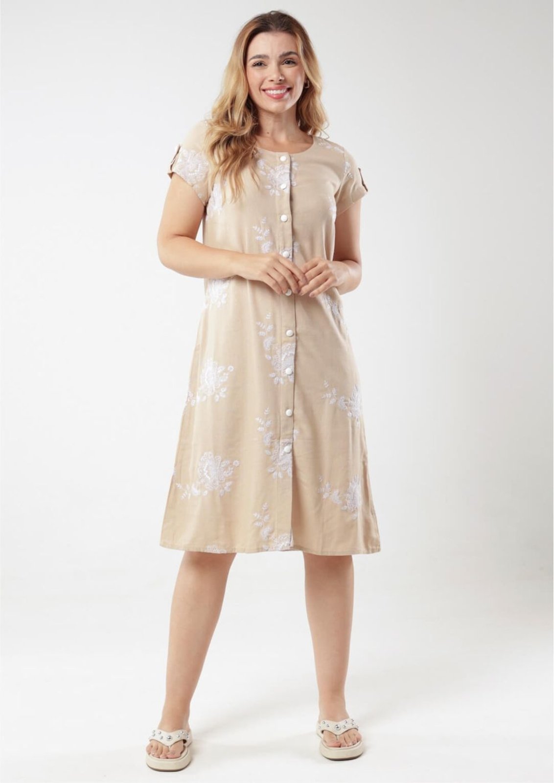 Vestido Pau a Pique Manga Curta Linho Bege BEGE – M Pau a Pique