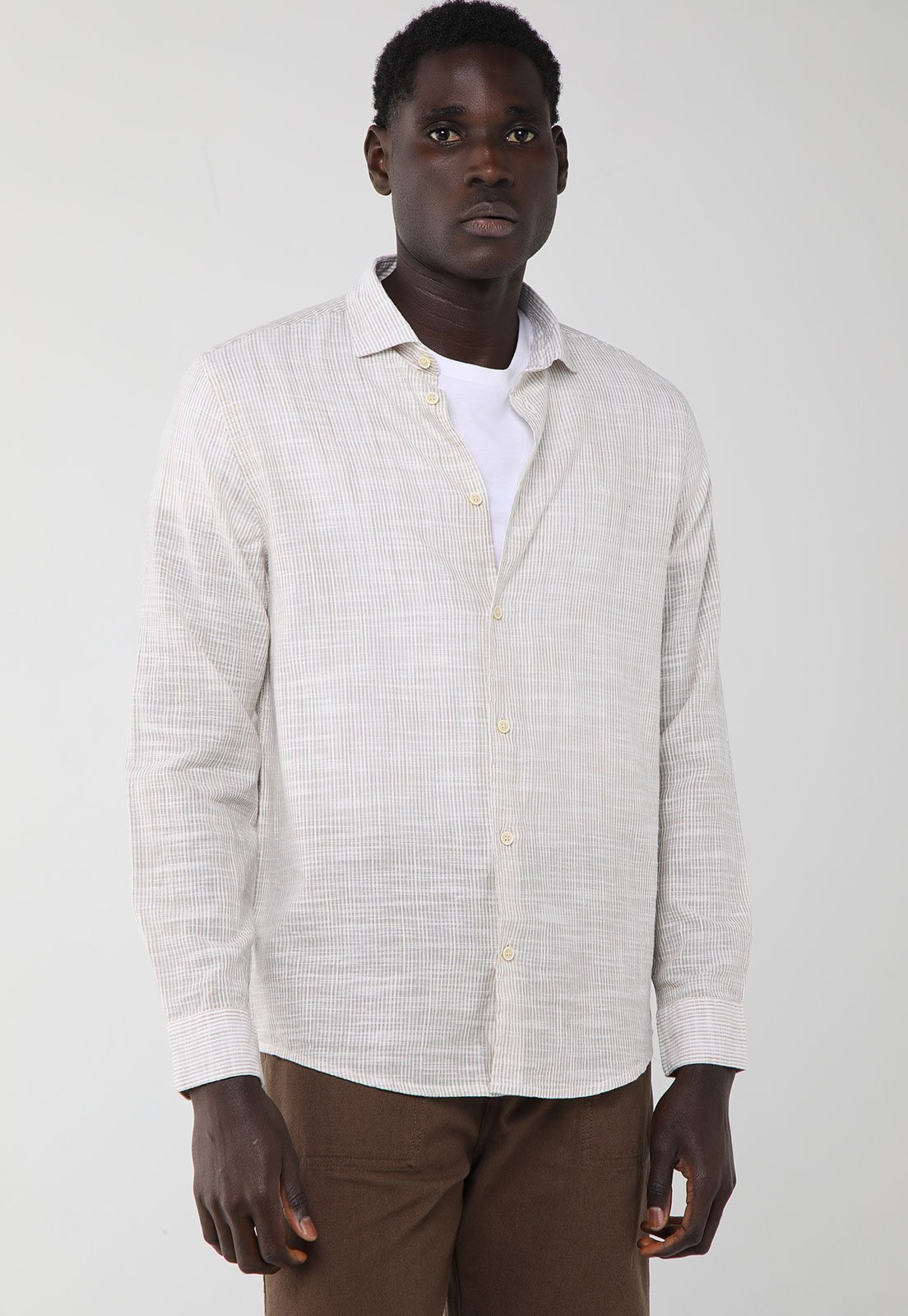 Camisa Masculina Aramis Listrada Manga Longa Bege