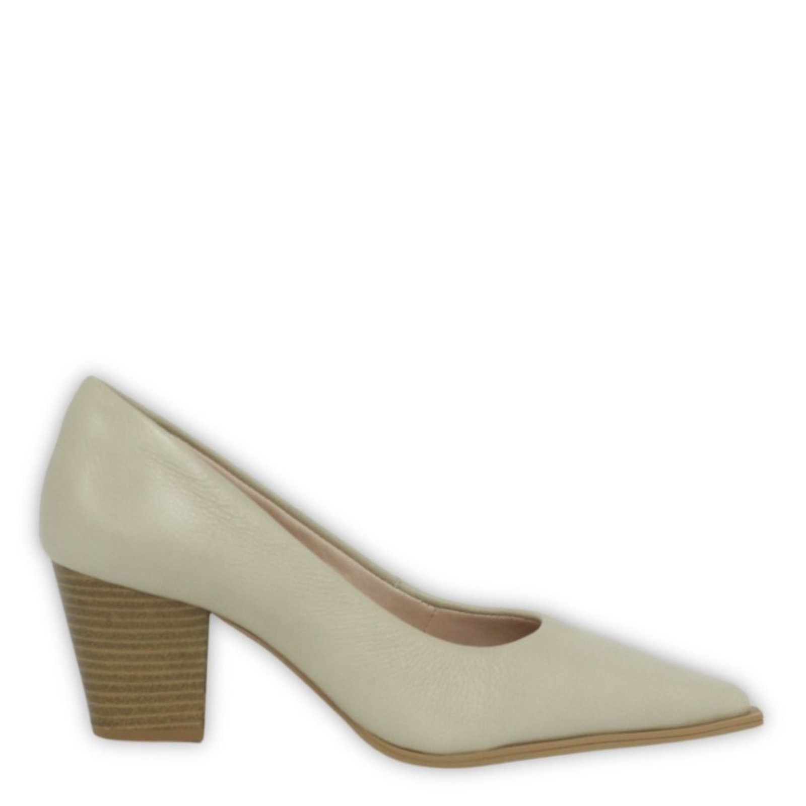 Scarpin Bico Fino em Couro Com Vira Salto Grosso 6 CM Creme Spinelli
