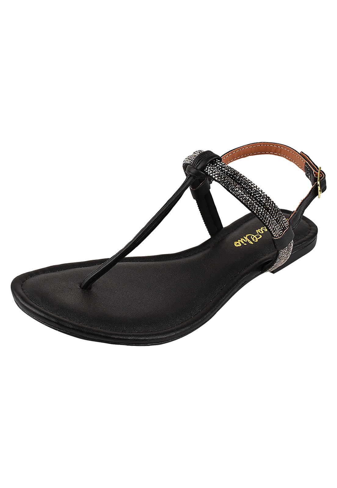 Rasteirinha Rosa Chic Calçados Sandália Feminina Flat Strass Brilho Preta