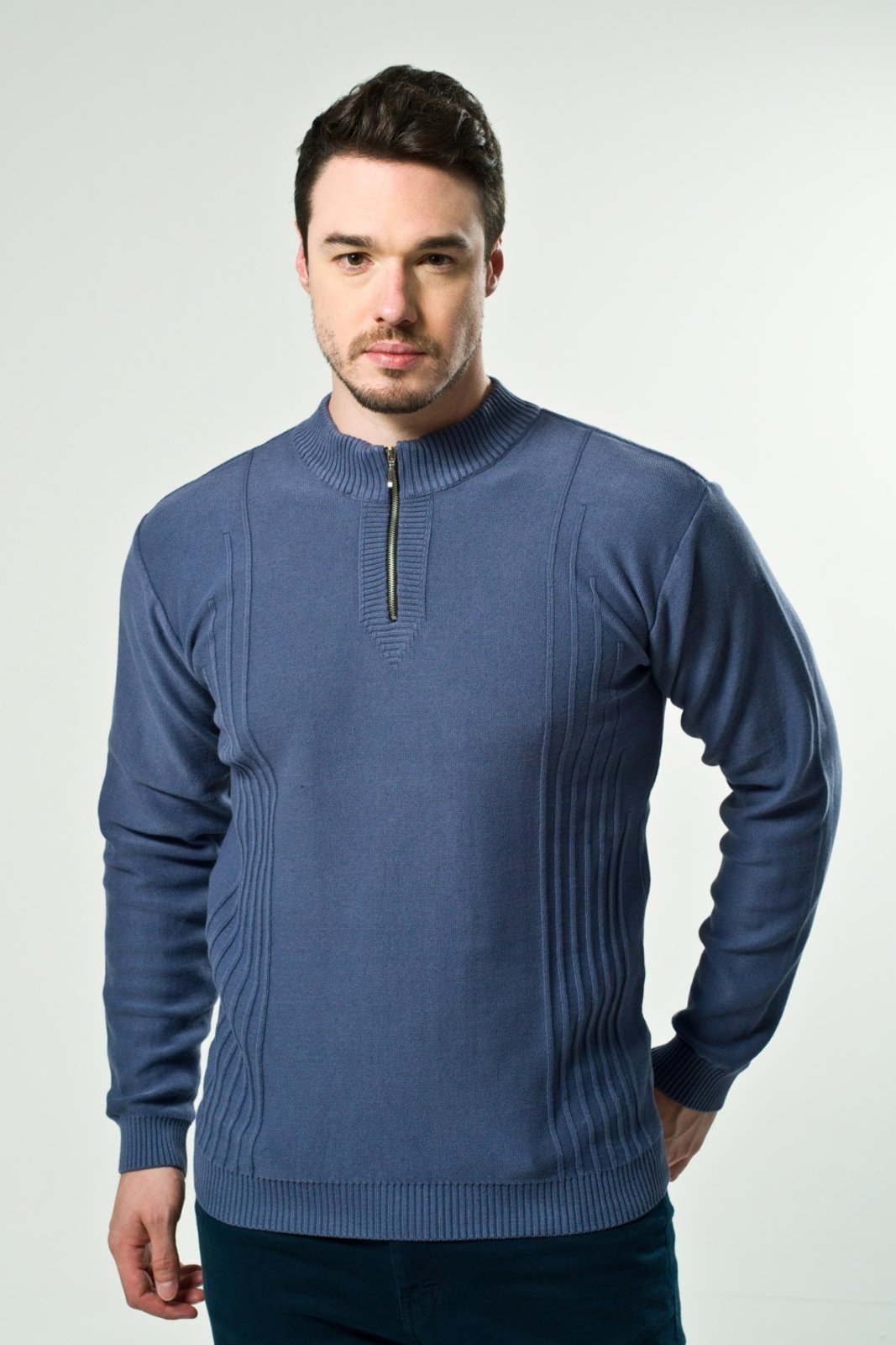 Blusão Tricô Algodão Tricoport com Zíper com Relevo Vertical Azul