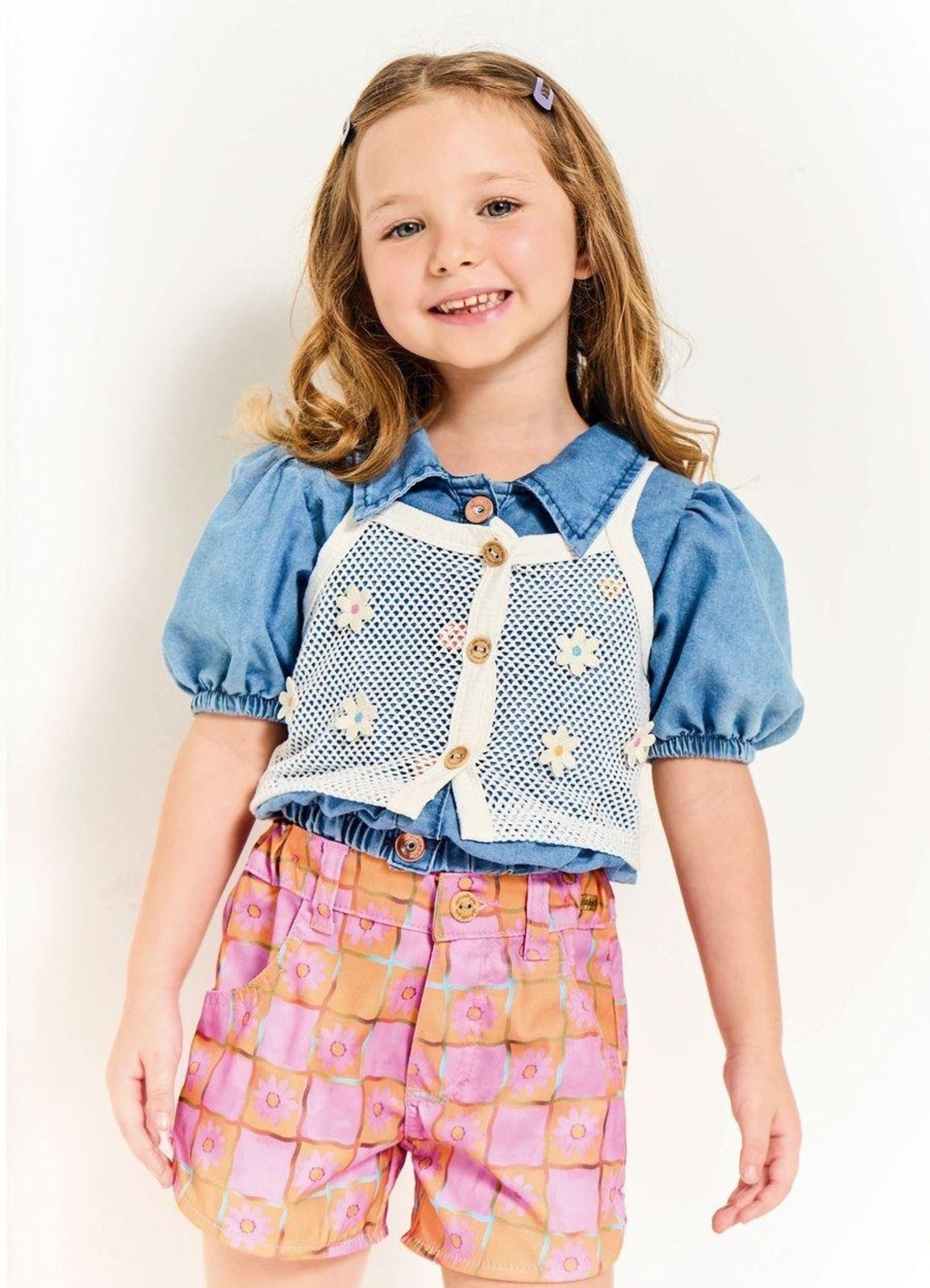 Infantil - Colete Redinha com Flores Botões Delicada Branco