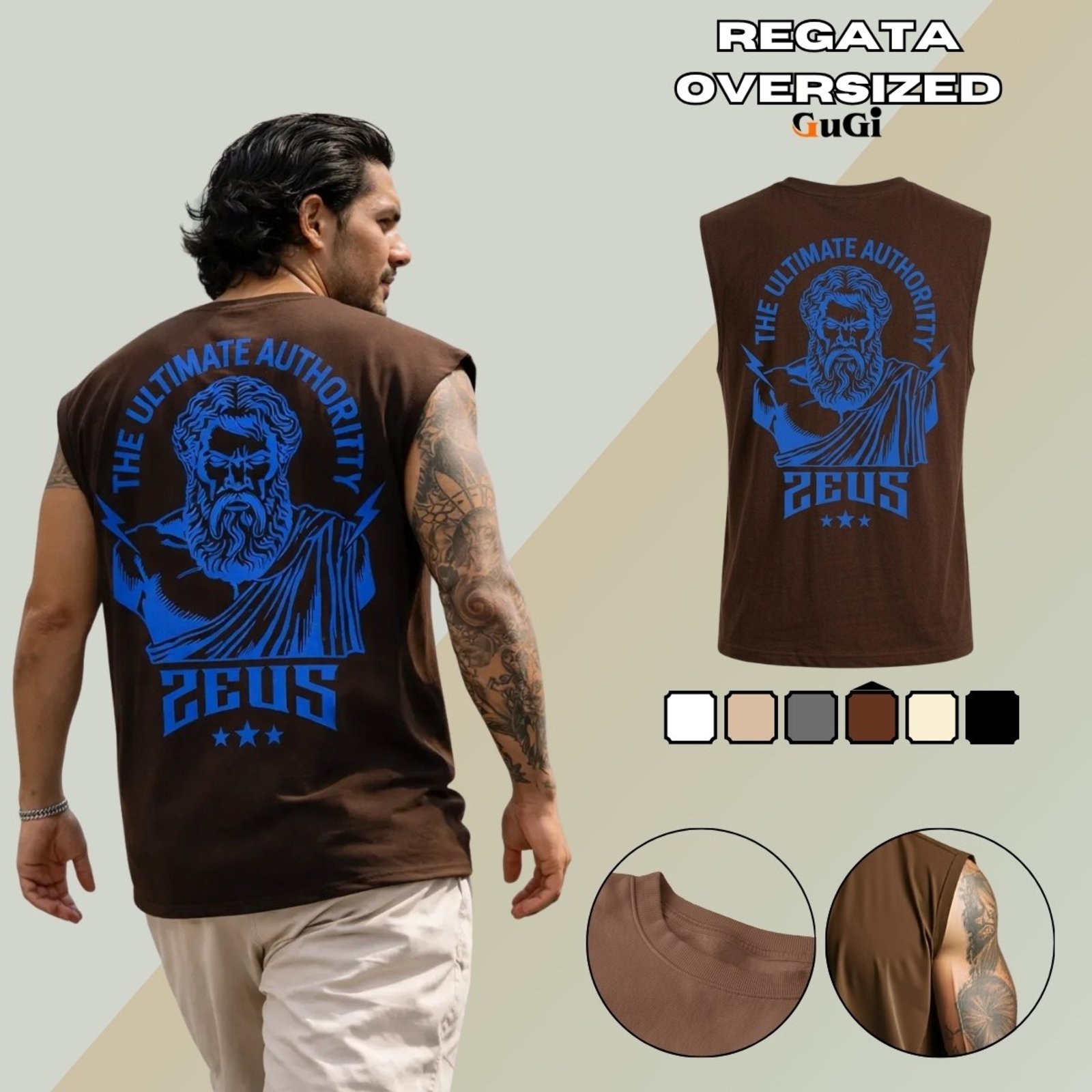 Camiseta Regata Masculina Oversized Estampada Mitologia Grega Zeus 100% Algodão 30.1 - Marrom