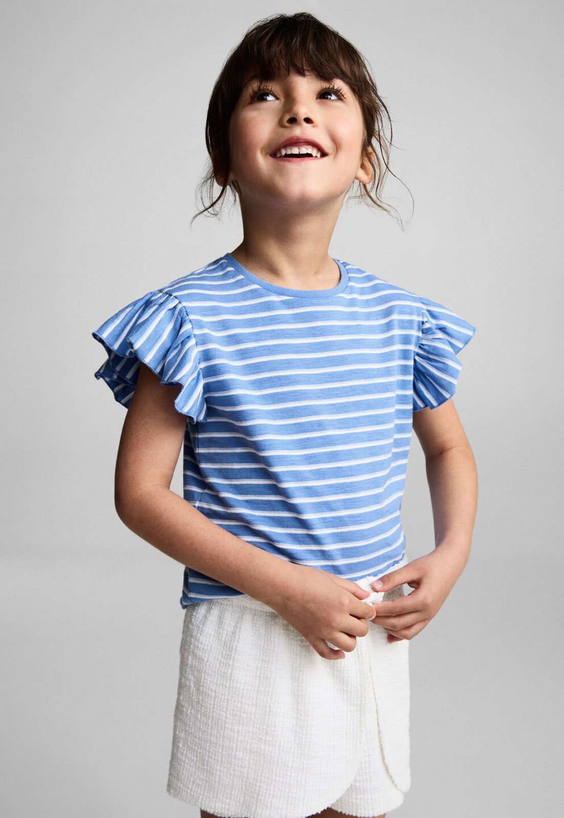 Camiseta MANGO Listrada Manga Babado Azul