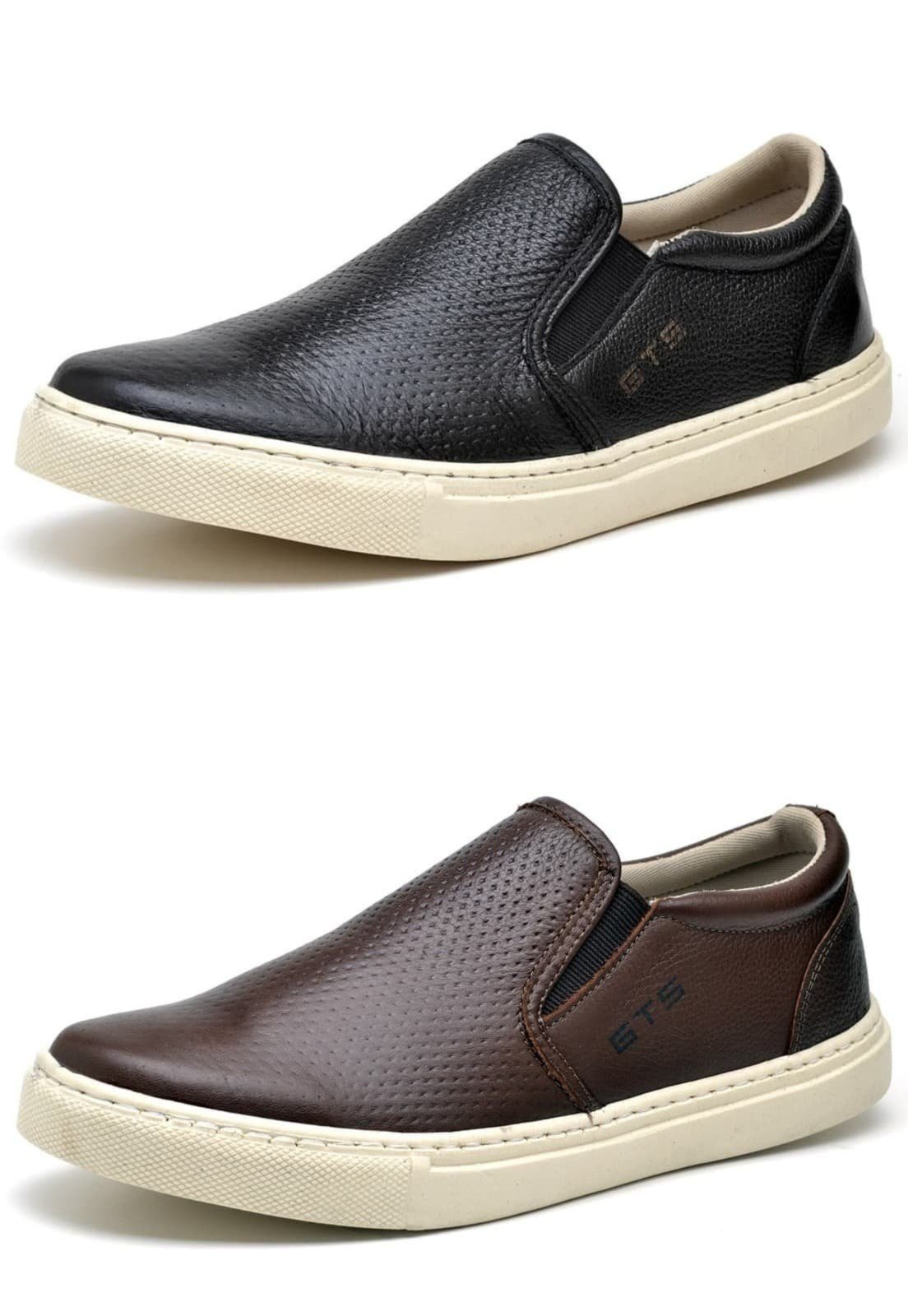 Kit 02 Pares de Tenis Slip On sem Cadarço de Couro CSF Franca DFT Kit Maritimo Preto/Marrom