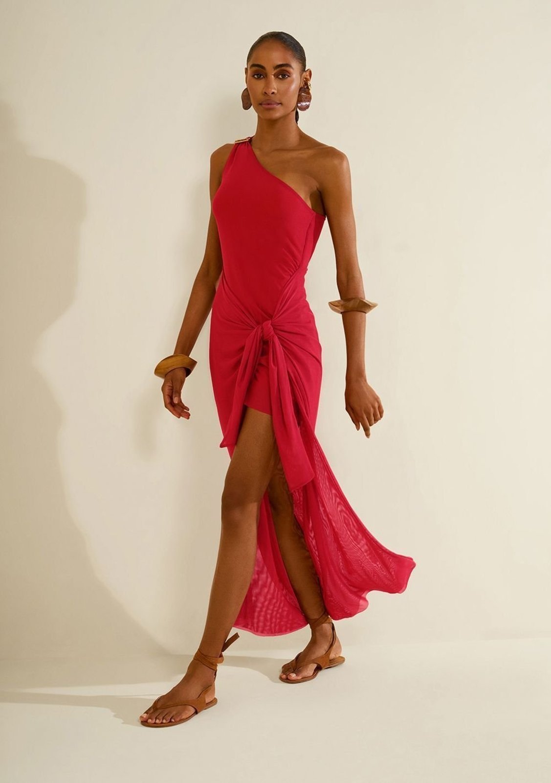 Vestido Morena Rosa Ajustado Um Ombro Só Sem Manga Longo - Vermelho