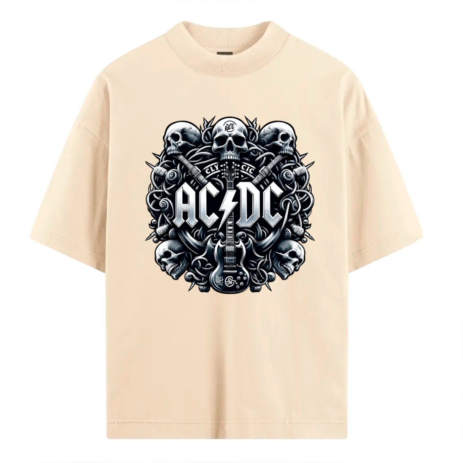 Vista 2 Camiseta Ousy Básica AC DC Caveiras Estilo Heavy Rock Unissex Off White off-white white ousy off-white white