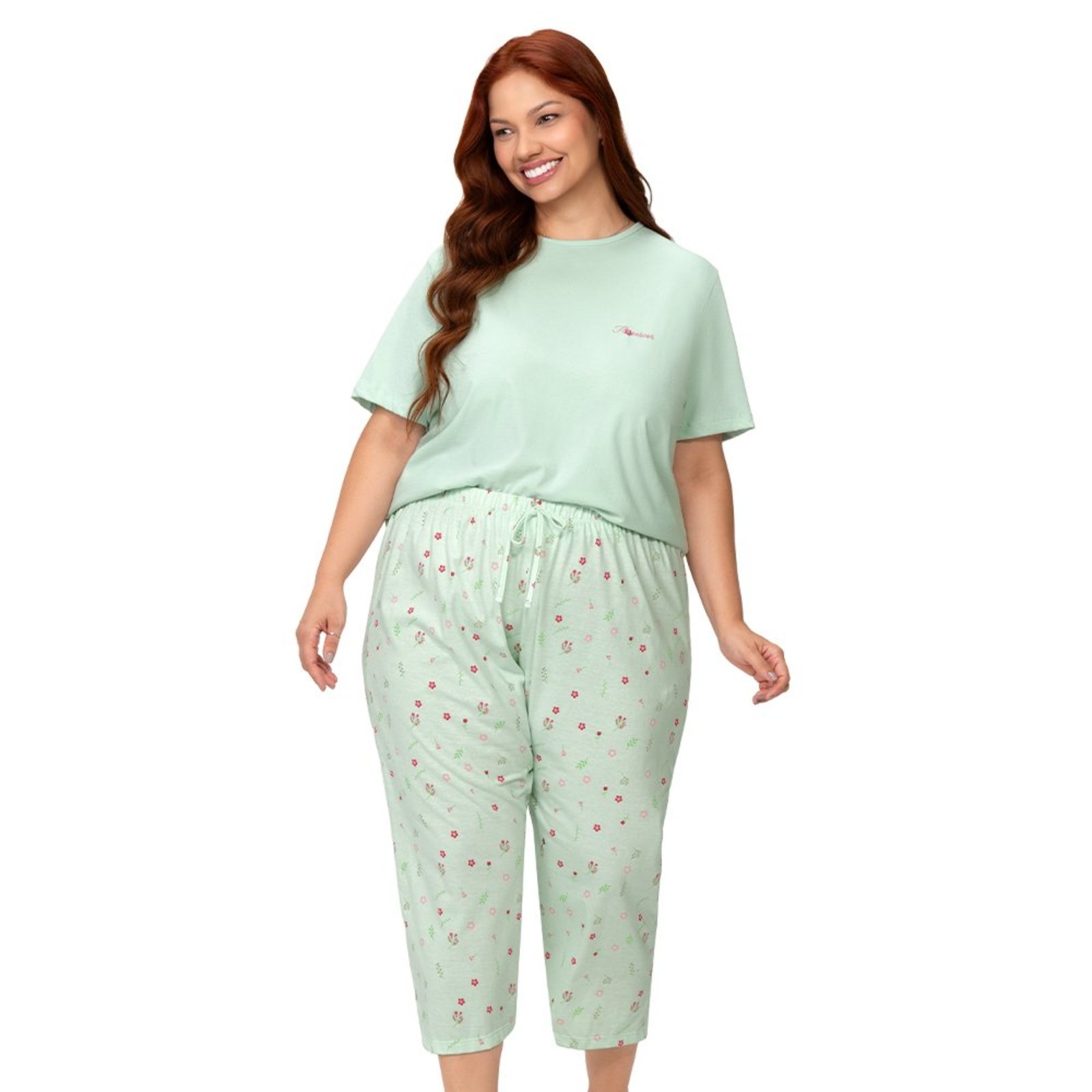 Pijama Feminino Plus Blusa Manga Curta e Calça Capri Verde em Algodão