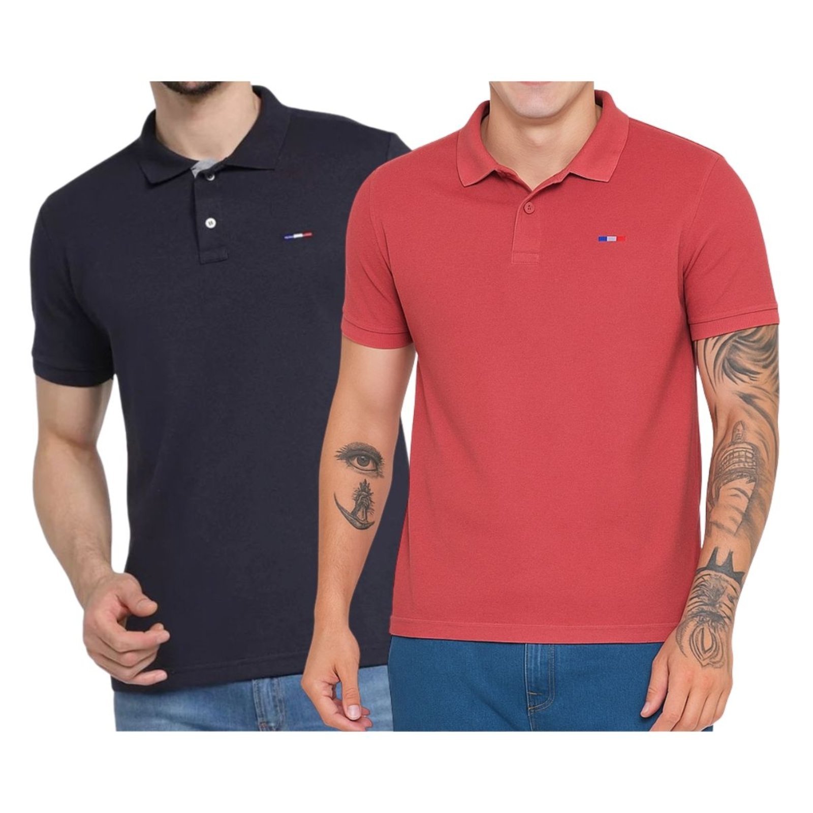 Kit 2 Polos Masculina Básicas FMF Preto e Coral Piquet no Estilo Tommy Bordado França