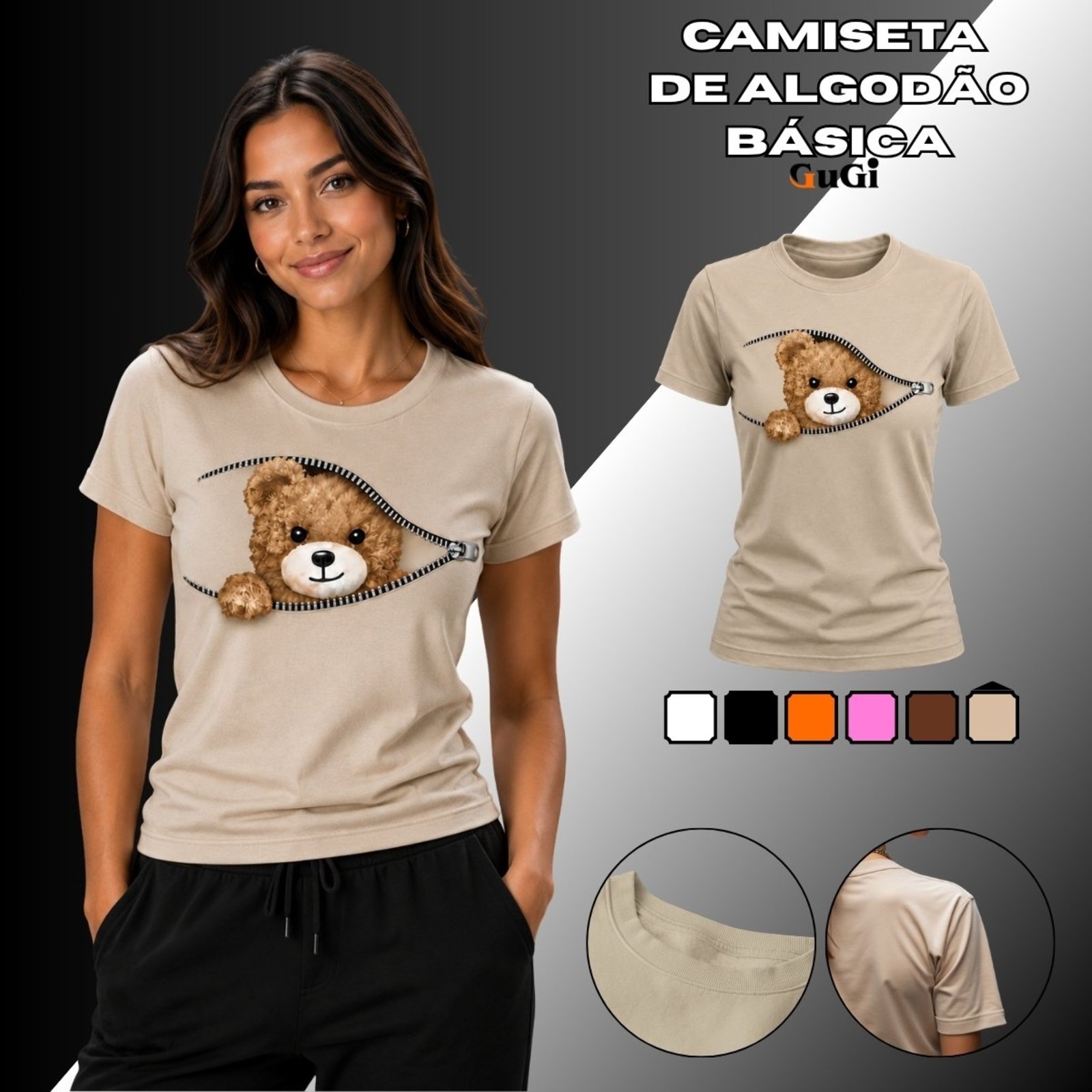 Camiseta Feminina Zíper Ursinho 100% Algodão Caqui