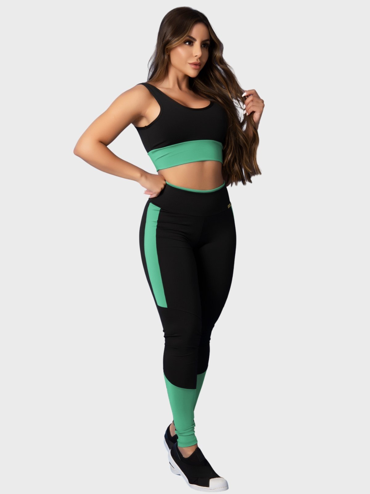 Conjunto Fitness Tarelles Top Calça Legging Cintura Alta Preto e Verde Menta