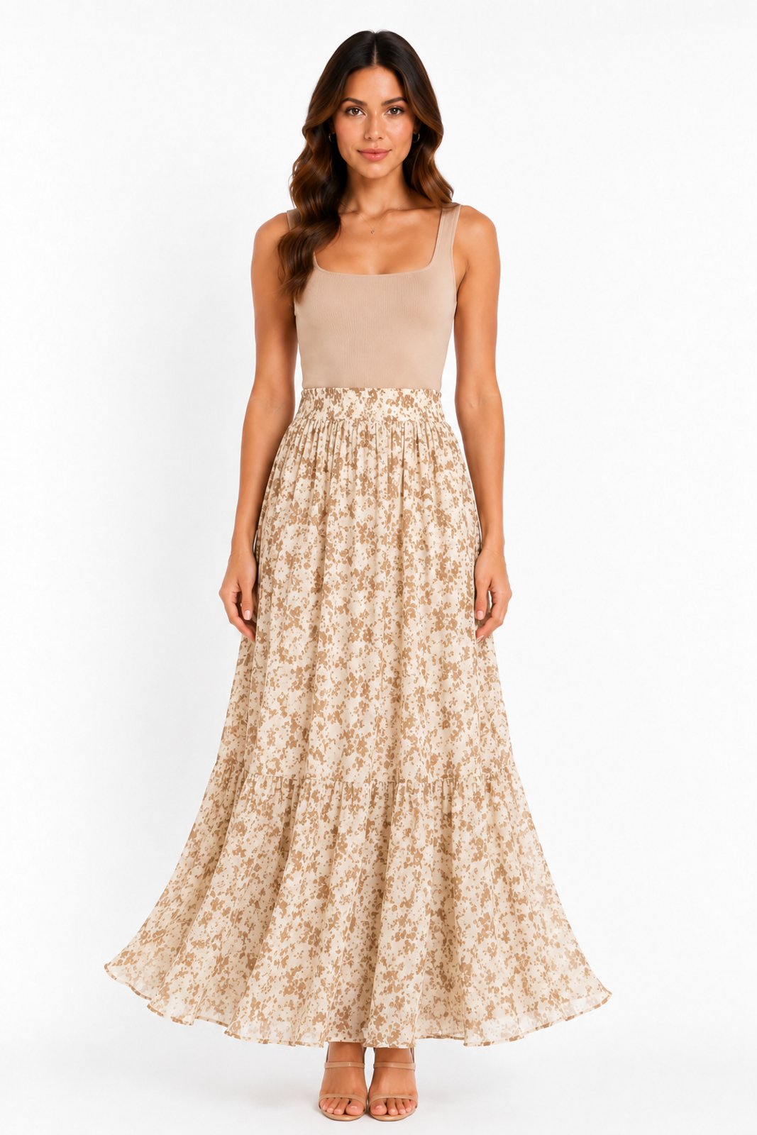 Saia Longa D Bell Outlet Fashion Estampa Floral Branco e Bege